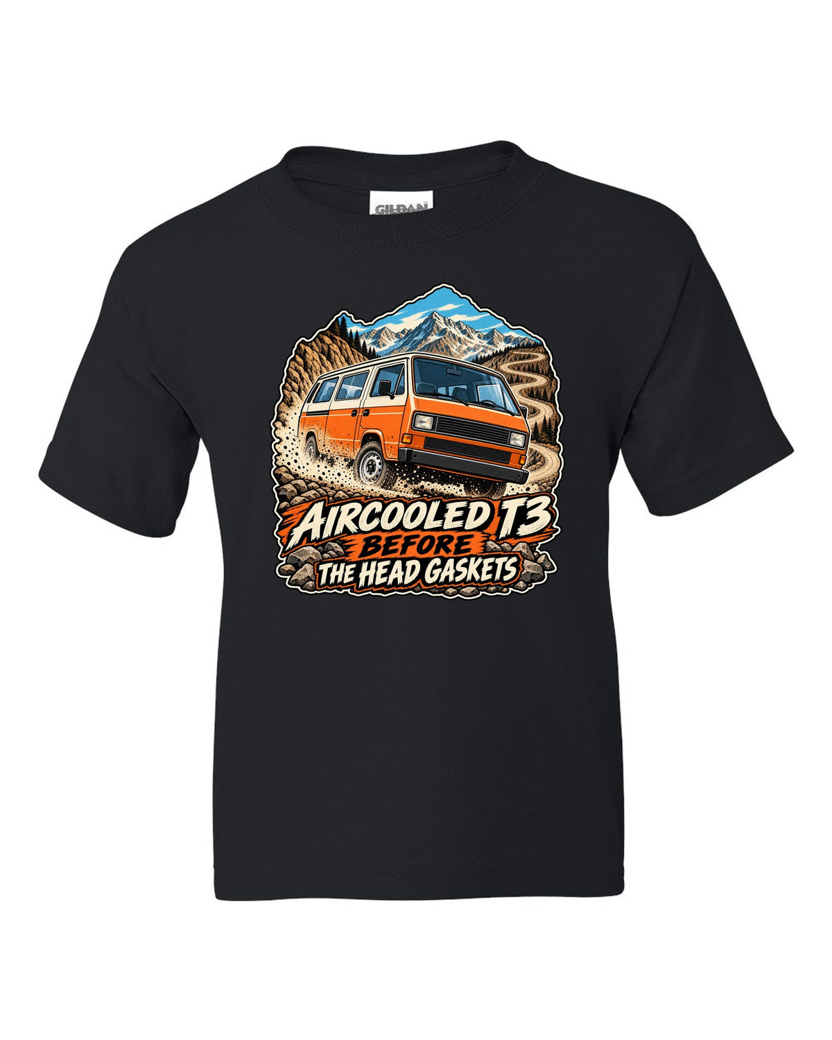 Vintage race poster style VW Vanagon T3 on a dusty pass with aircooled T3 before the head gaskets text black kids tee front view with the design