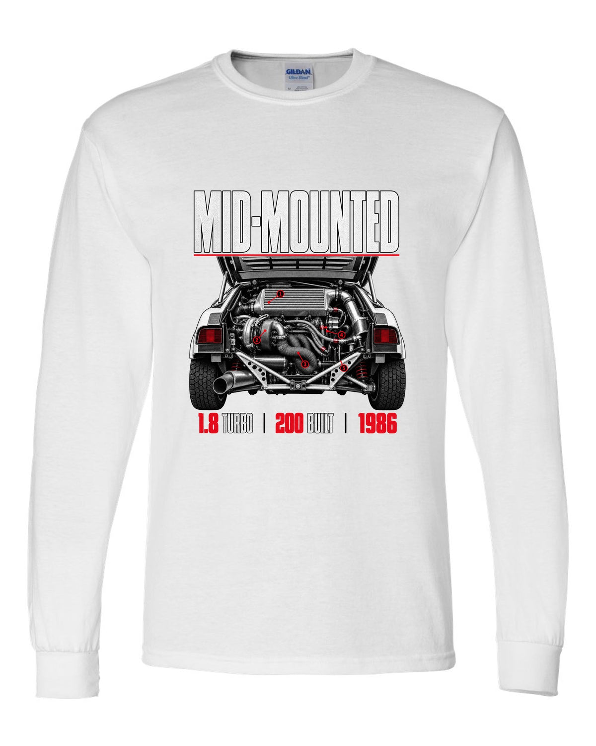 Ford RS200 Group B engine close-up print with mid-mounted turbo text white long sleeve front view with the design