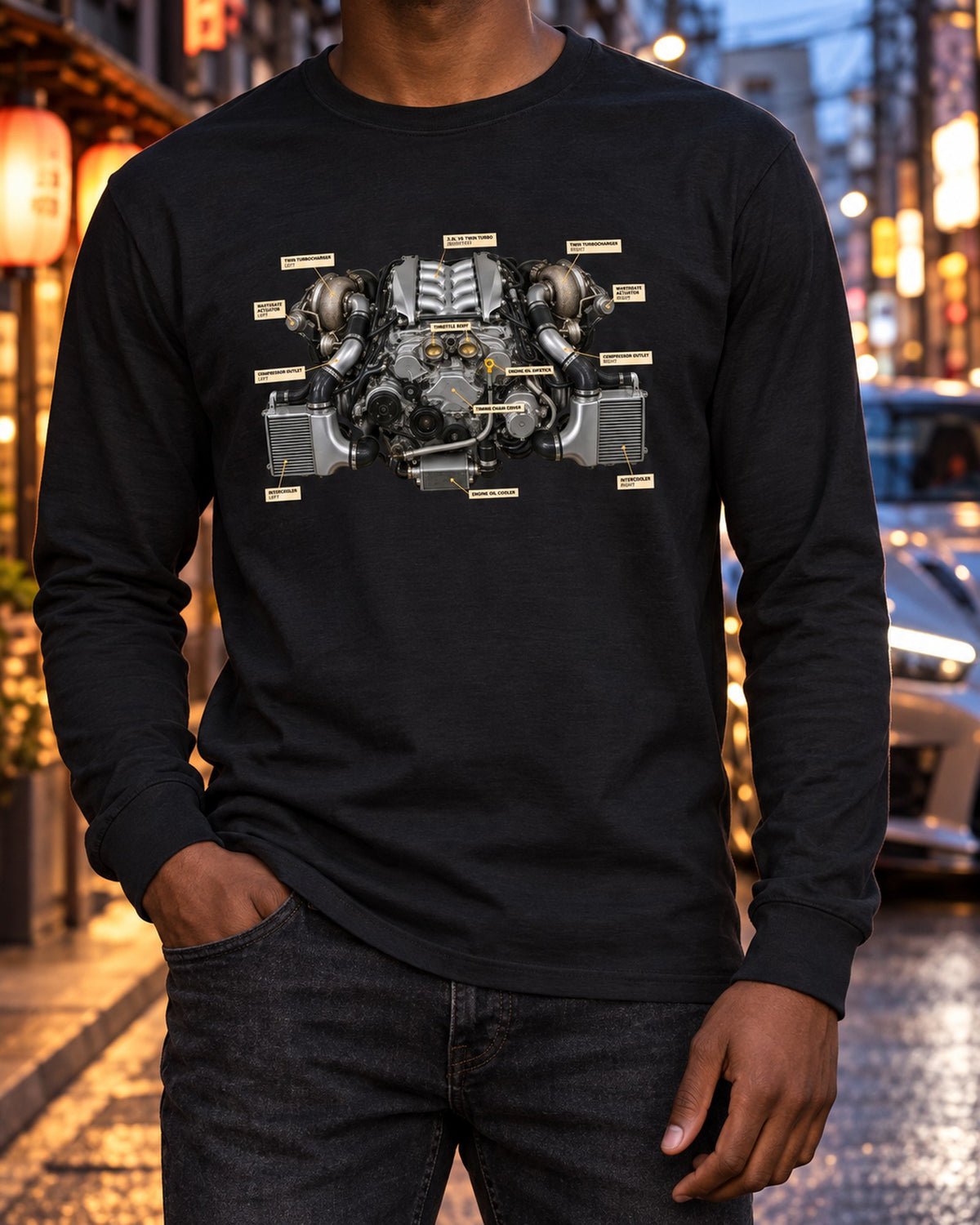 Nissan GT-R R35 2009 Premium Dimension Blueprint Shirt Long Sleeve Black worn hero