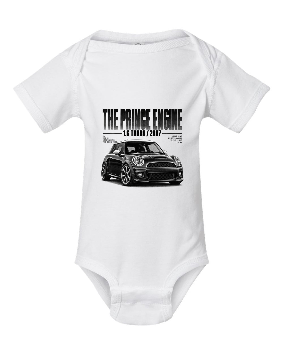 Halftone print of a Mini Cooper S R56 front three-quarter low angle with Prince engine text white baby onesie front view with the design