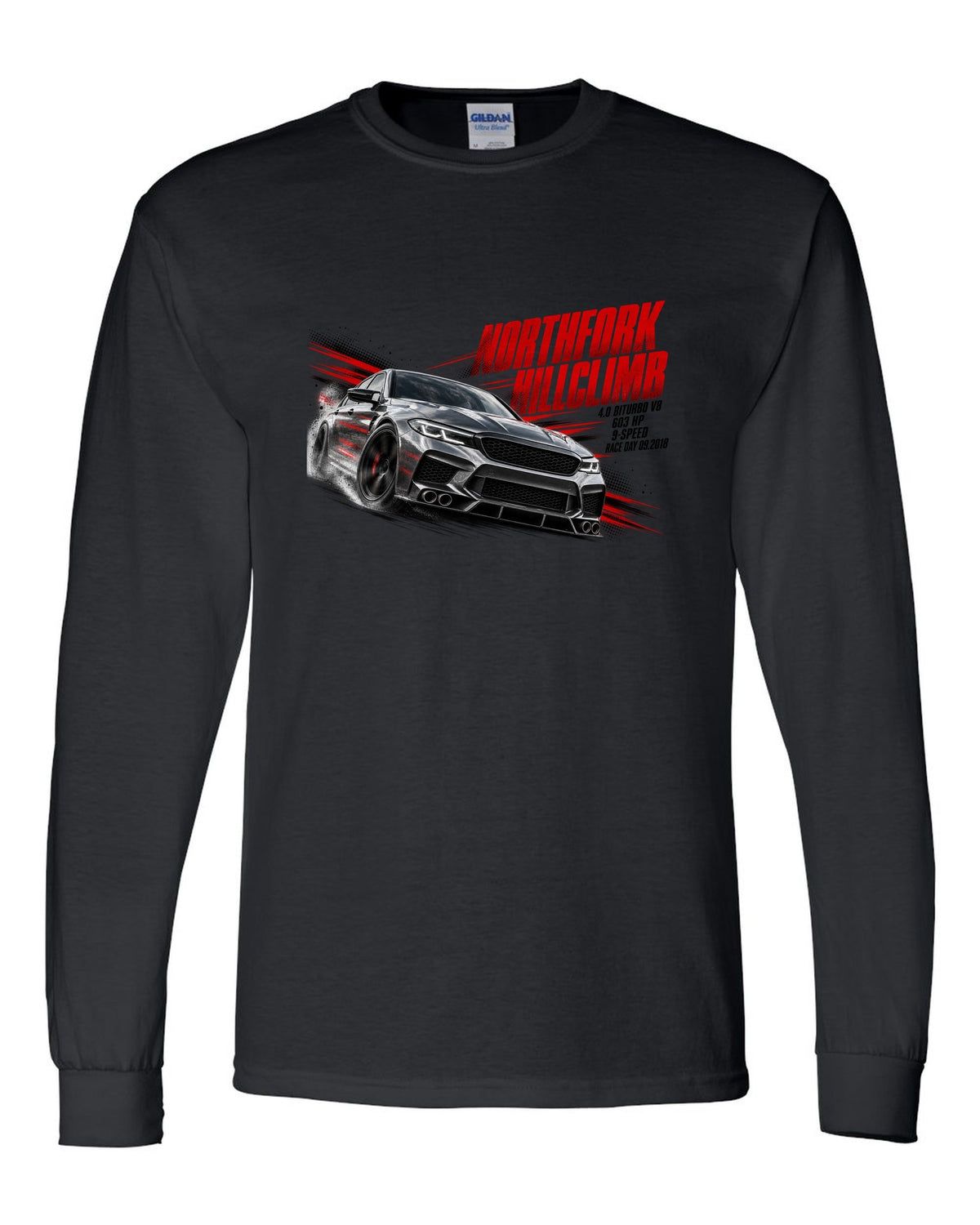 print race poster of a Mercedes W213 E63 S sedan for a hillclimb with text 4.0 Biturbo race day 09.2018 black long sleeve front view with the design