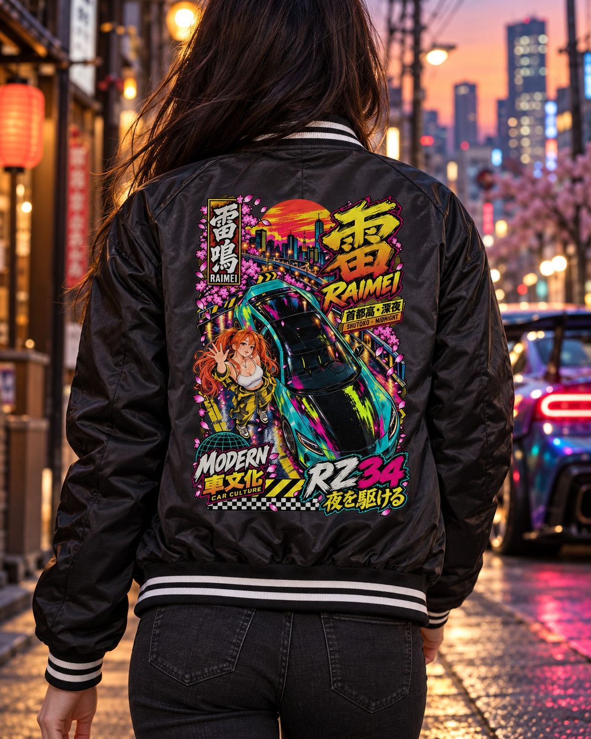 RAIMEI RZ34 Anime Girl Full-Back Graphic Tee Bomber Jacket Black worn hero