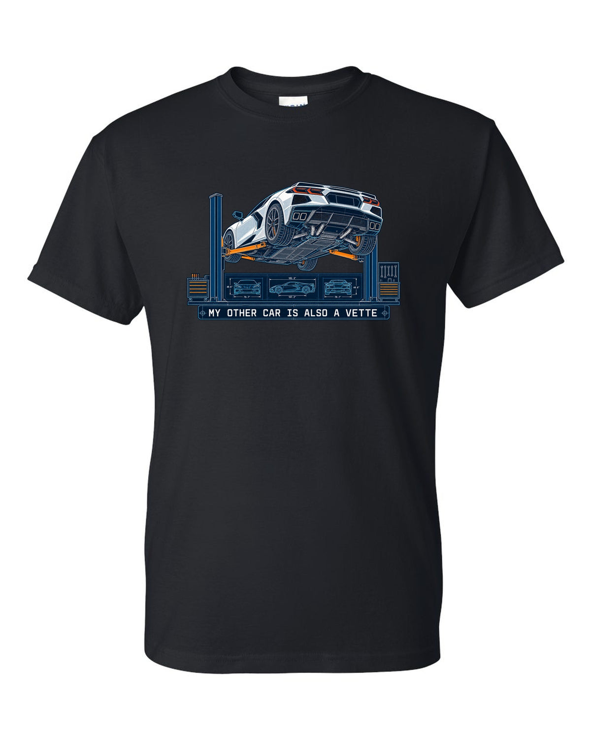 Blueprint line art of a 2020 Chevrolet Corvette C8 Stingray on a workshop lift black t-shirt front view with the design