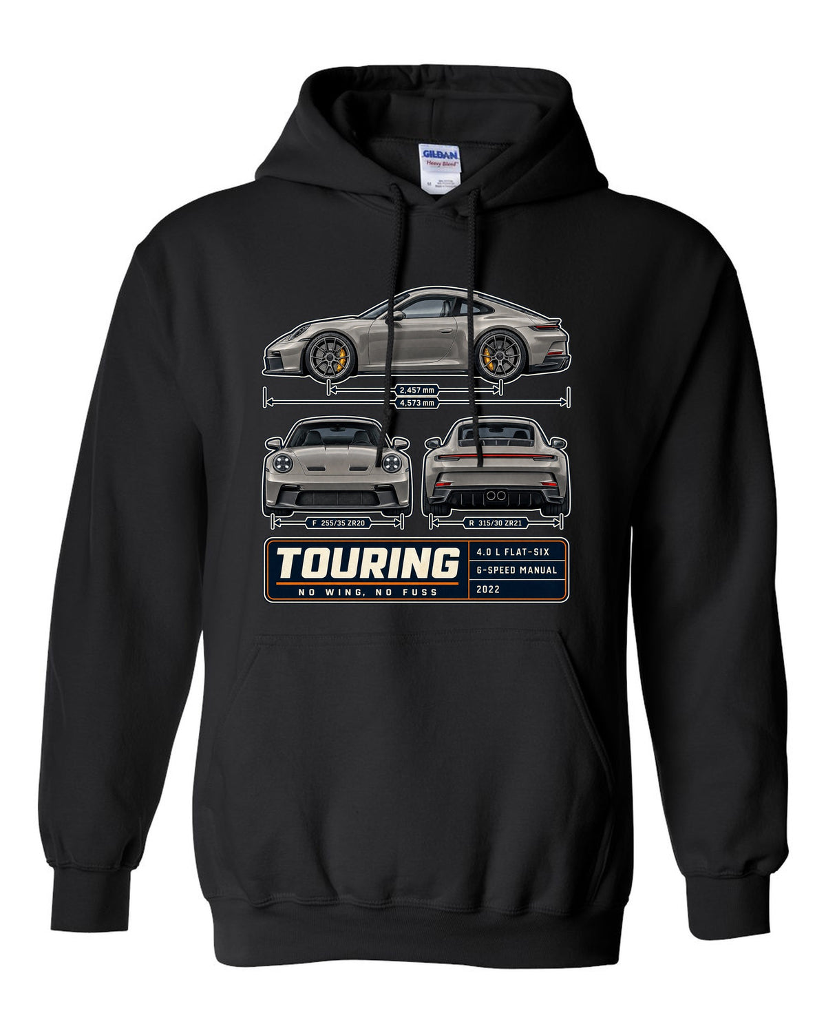Porsche 992 GT3 Touring three-view spec table print design black pull over hoodie front view with the design