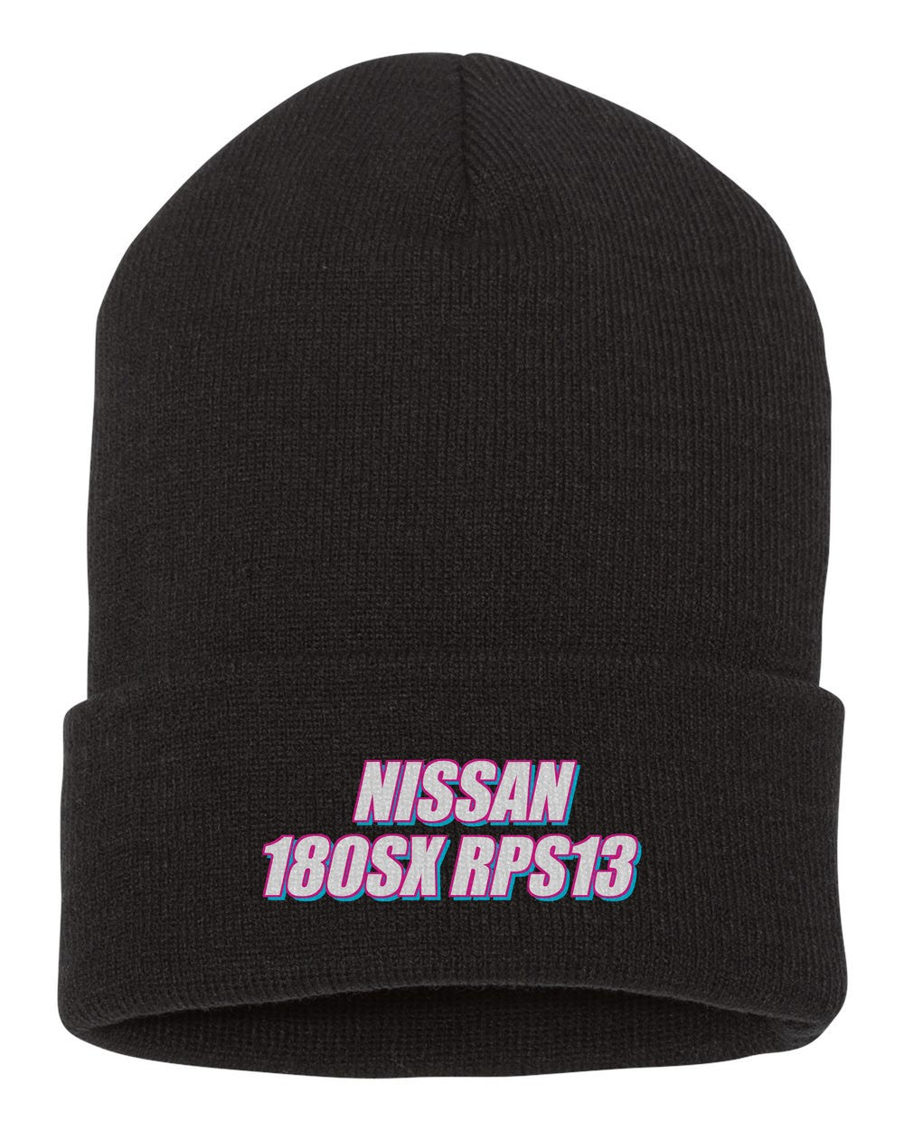 Nissan 180Sx Rps13 black beanie front view with car name