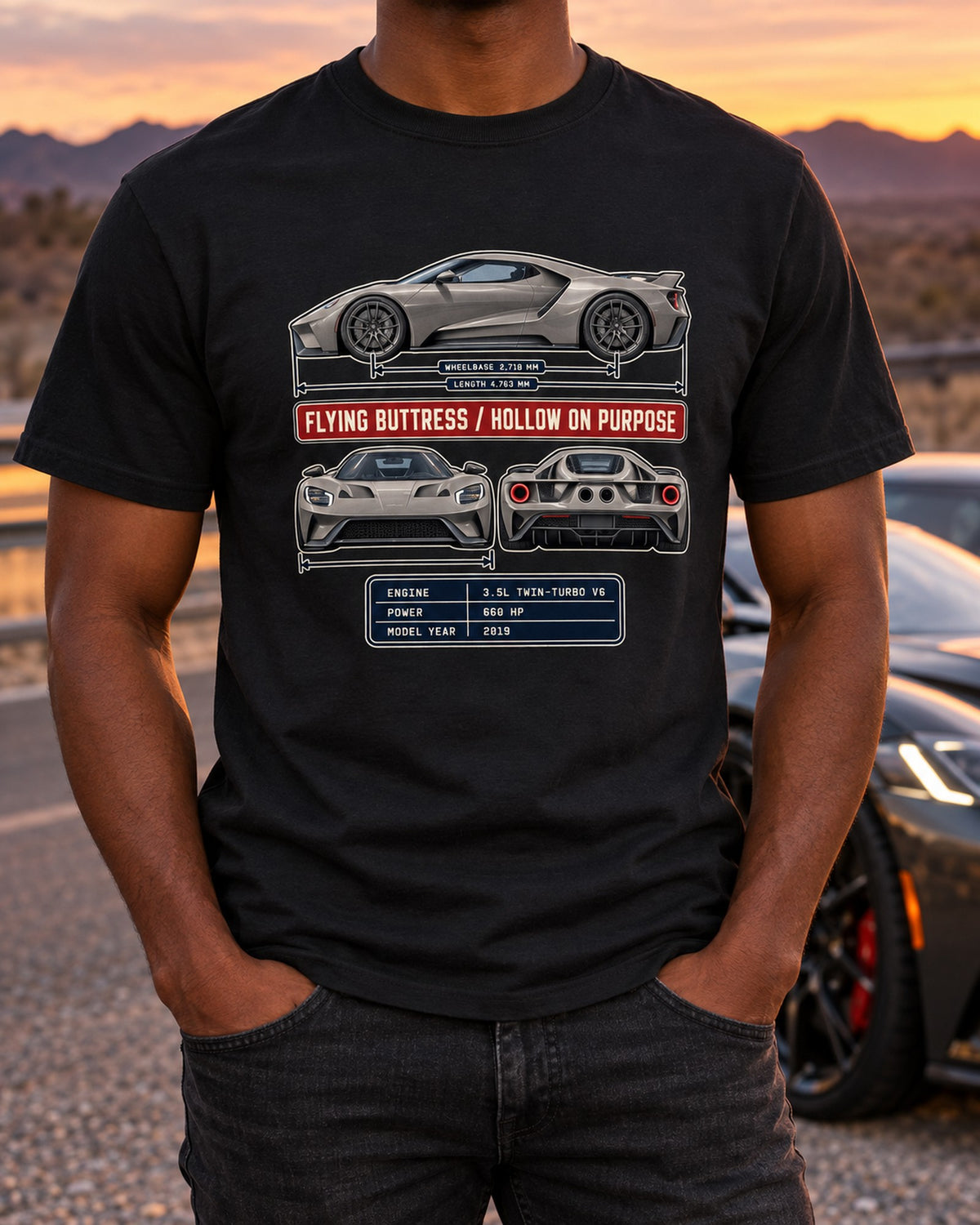 Ford GT 2019 Three-View Spec Table Tee, Flying Buttress Shirt T-Shirt Black worn hero