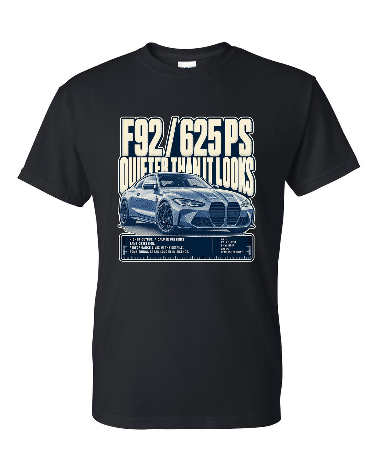BMW M8 Competition F92 halftone statement print on a tee black t-shirt front view with the design