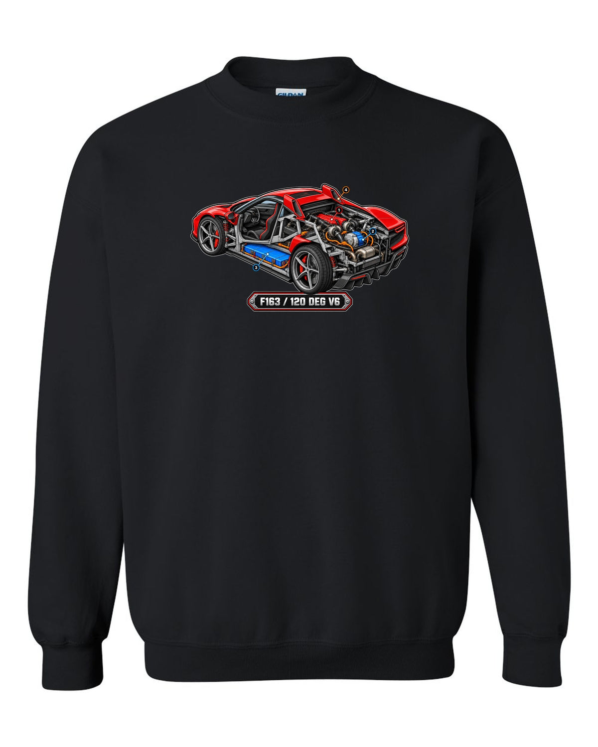 Isometric cutaway diorama of the Ferrari 296 GTB hybrid V6 engine black crewneck front view with the design
