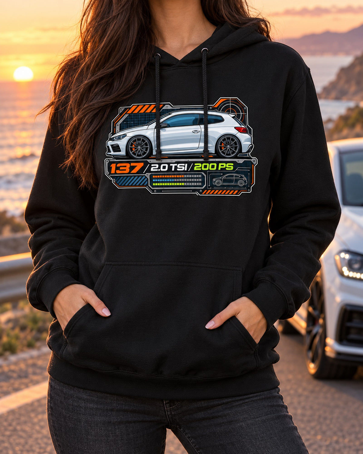 VW Scirocco Mk3 2.0 TSI 200 PS Spec Sheet Data Plate Shirt Pull Over Hoodie Black worn hero