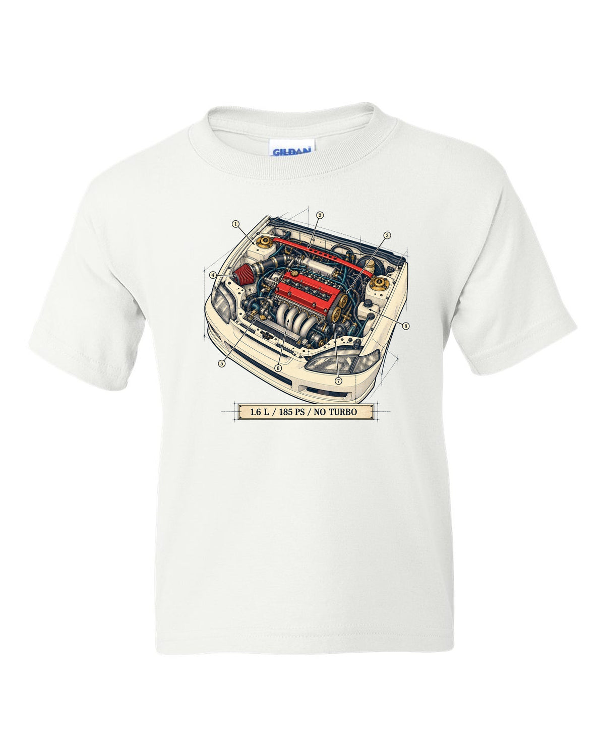Patent drawing line art of the Honda Civic Type R EK9 with B16B spec text white kids tee front view with the design