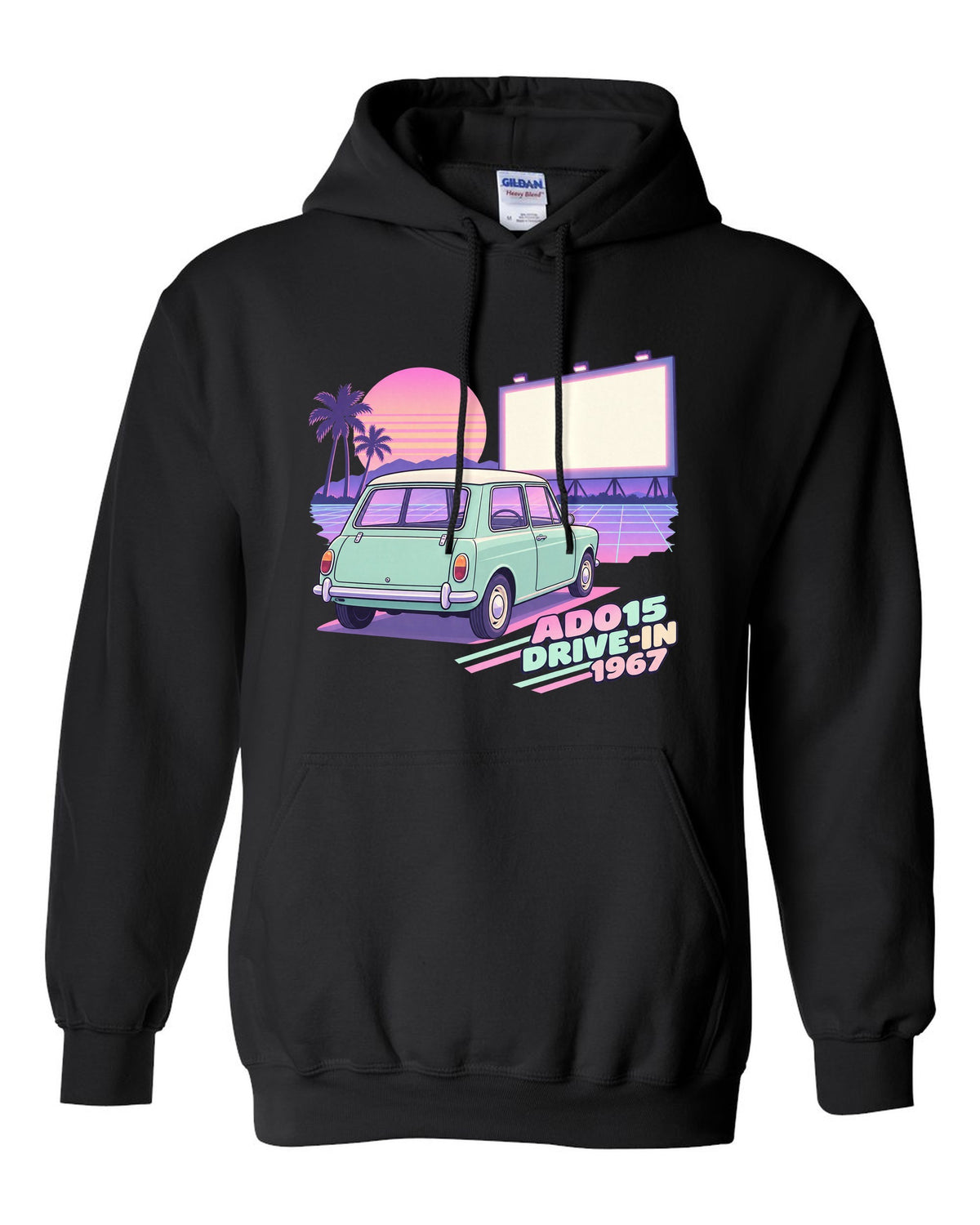 Pastel vaporwave drive-in scene with a 1967 classic Mini Cooper ADO15 black pull over hoodie front view with the design