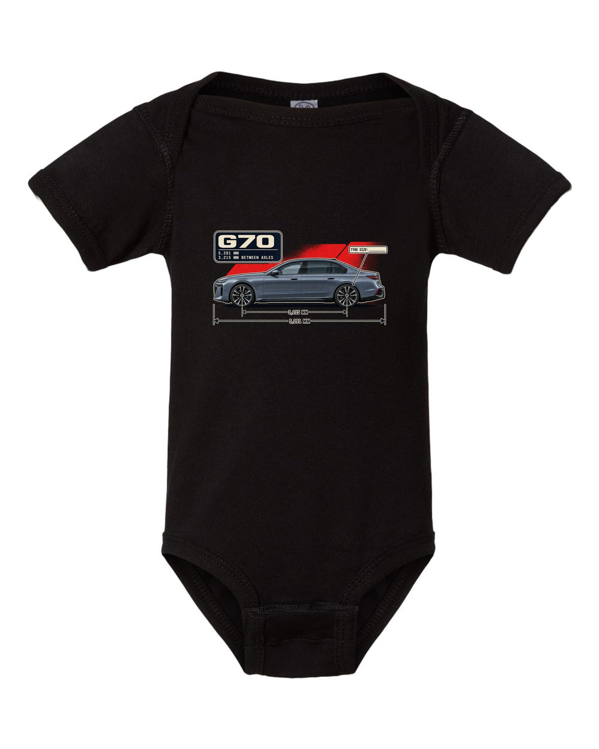 Dimension blueprint print of the BMW i7 M70 xDrive G70 black baby onesie front view with the design