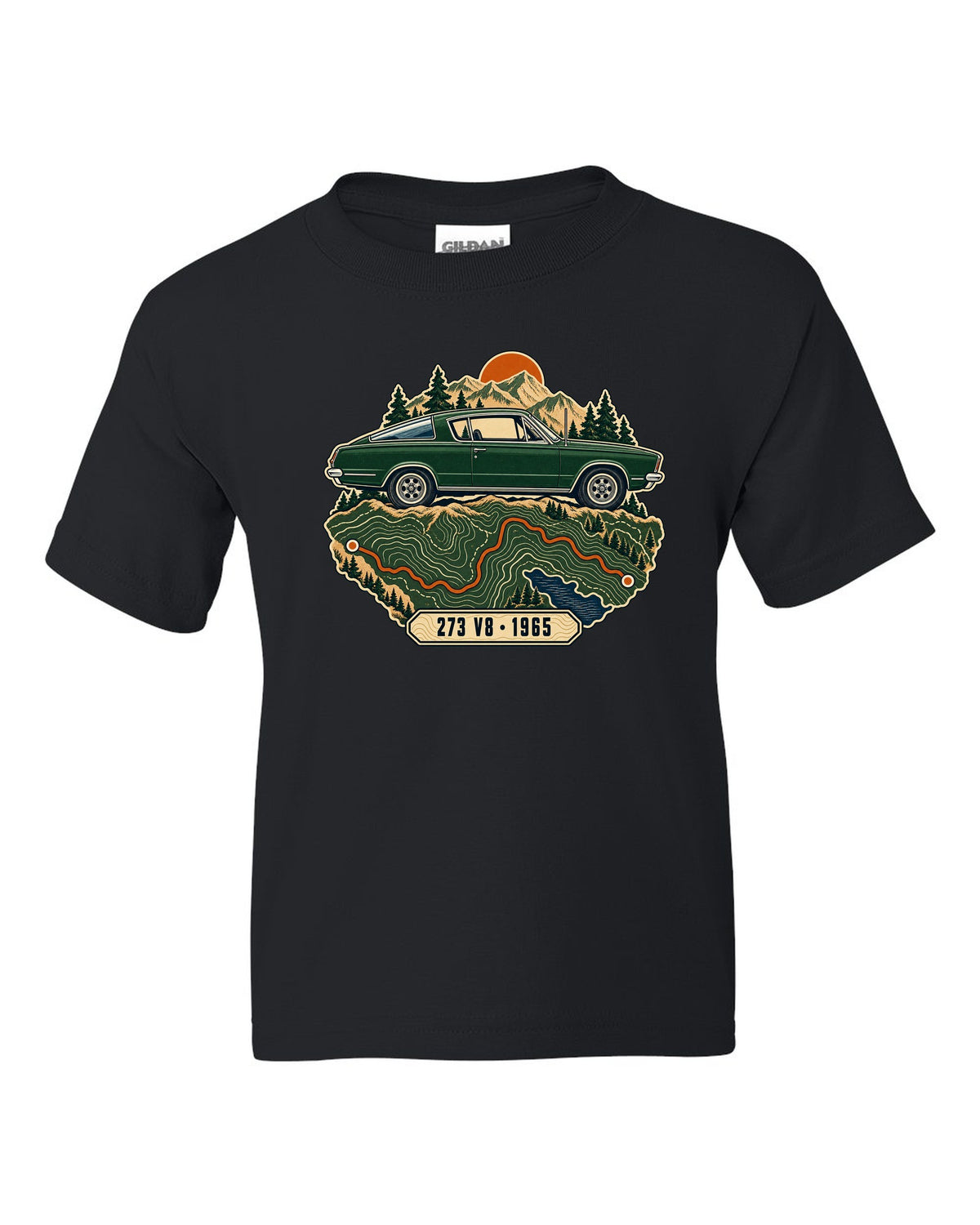 Topographic route map design with a 1965 Plymouth Barracuda fastback and 273 V8 lettering black kids tee front view with the design
