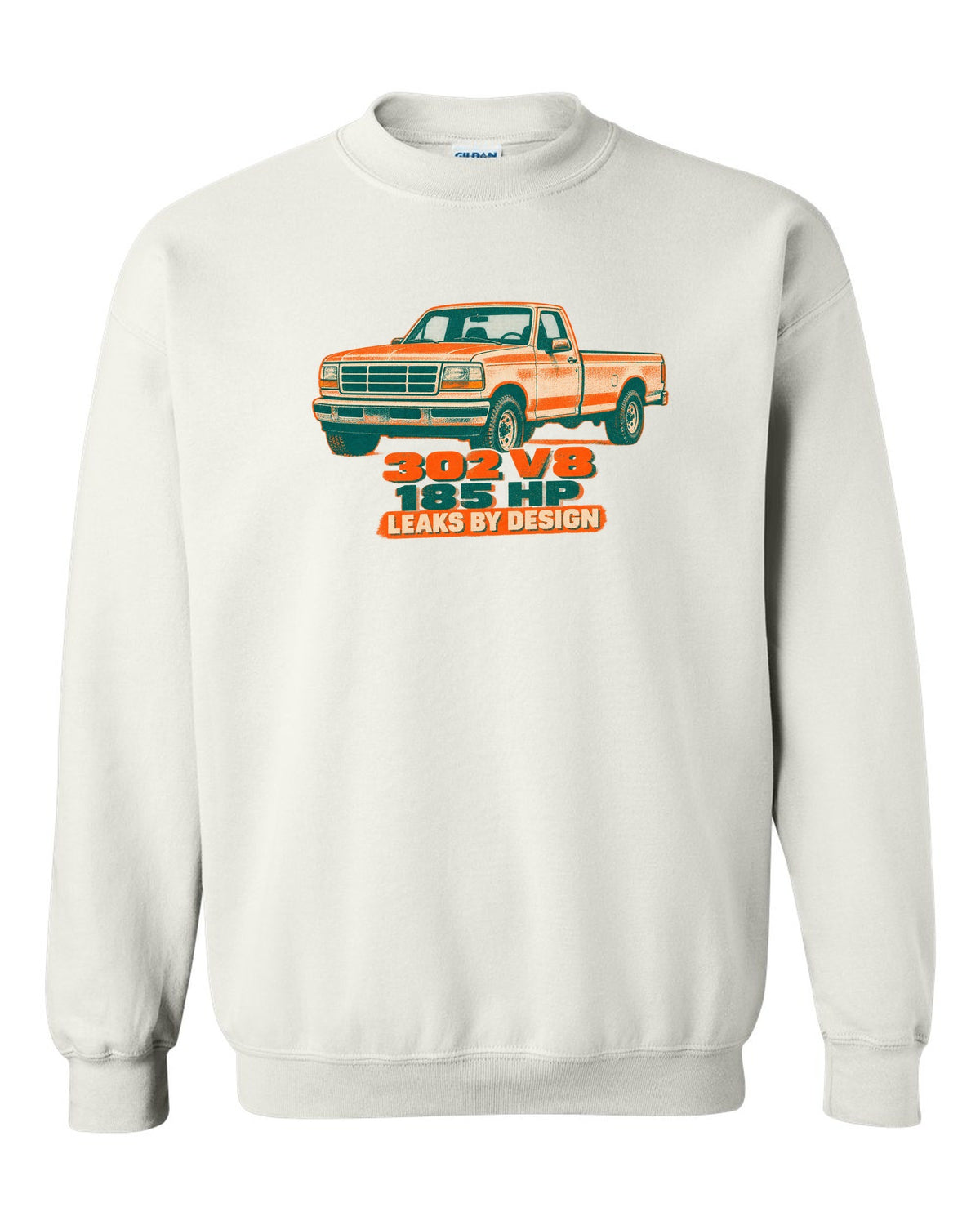 Risograph-style art of a 1992-97 Ford F-150 OBS tailgate in mud with 302 V8 185 HP lettering white crewneck front view with the design