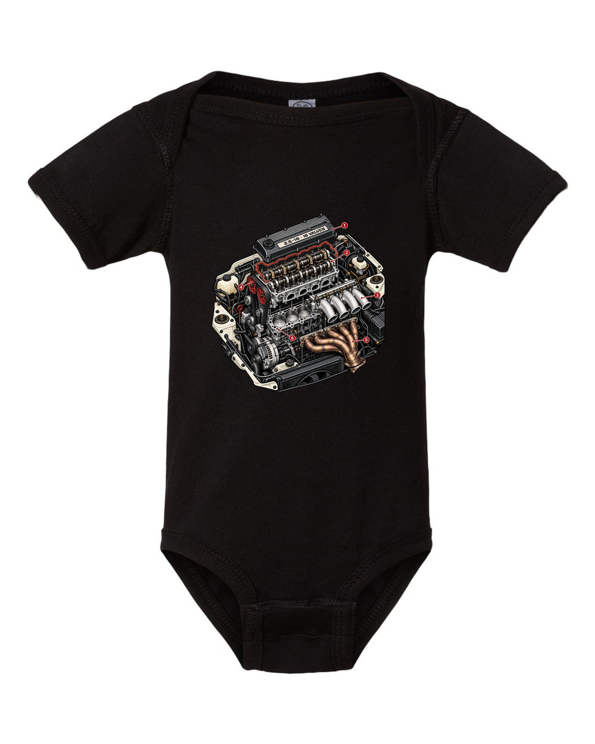 Exploded cutaway engine illustration for a Mercedes 190E 2.5-16 Evo II W201 black baby onesie front view with the design