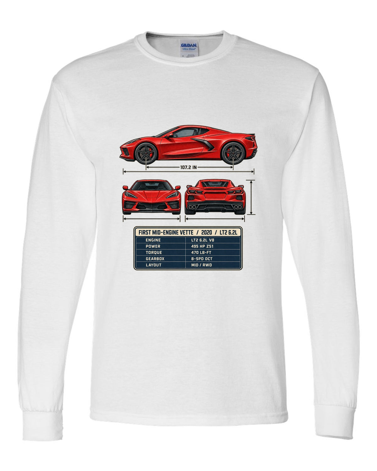 Three-view spec table print of a Chevrolet Corvette C8 Stingray with LT2 6.2L text white long sleeve front view with the design