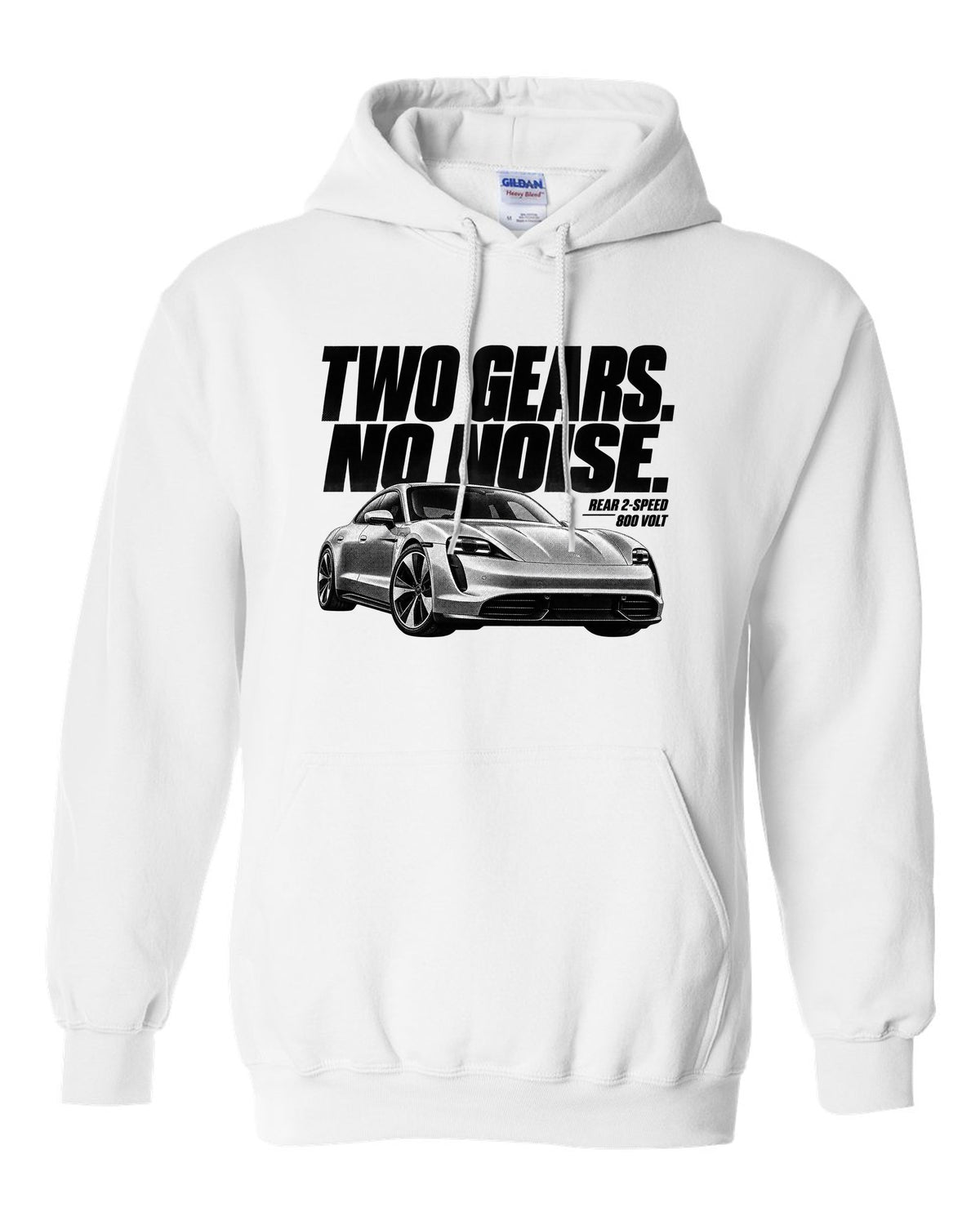 Halftone Porsche Taycan Turbo S 9J1 front three-quarter with two gears, no noise, rear 2-speed white pull over hoodie front view with the design