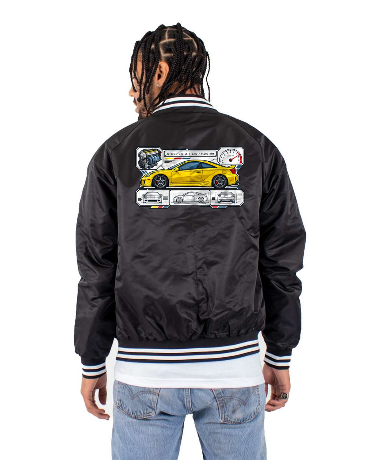 Toyota Celica ZZT231 2ZZ-GE Spec Sheet Data Plate Shirt Bomber Jacket Black back