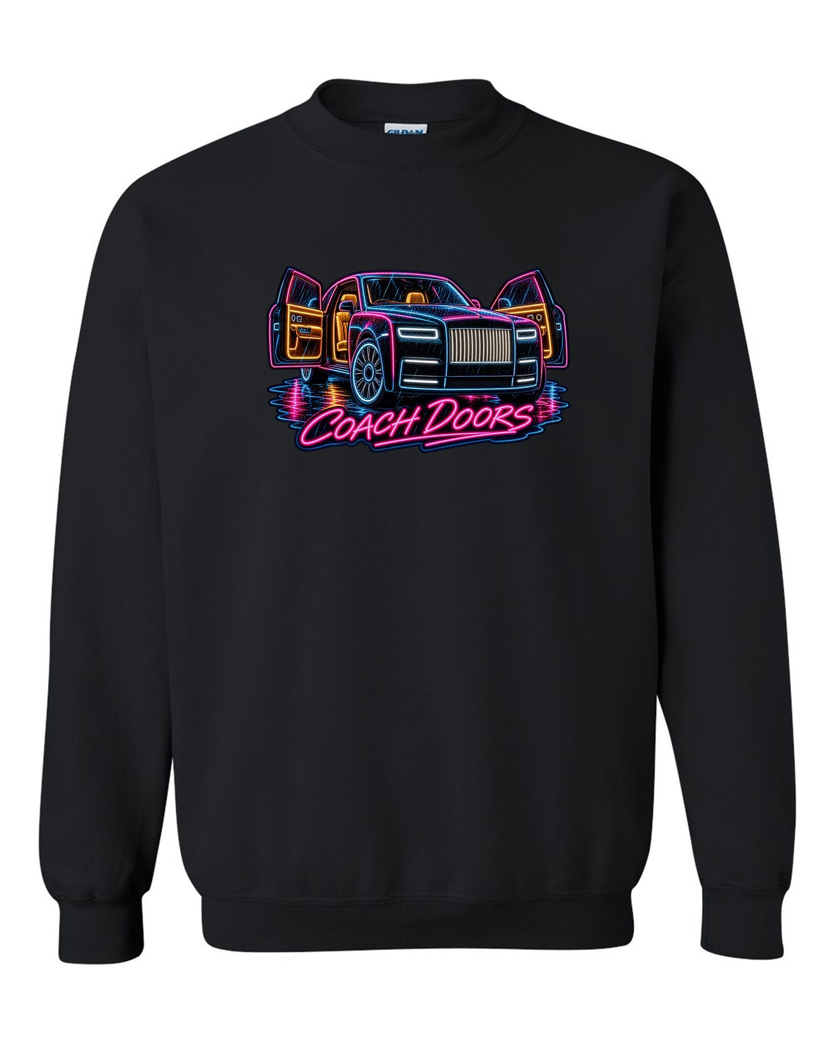 Neon sign style print of a Rolls-Royce Phantom VIII in rain with coach doors lettering black crewneck front view with the design