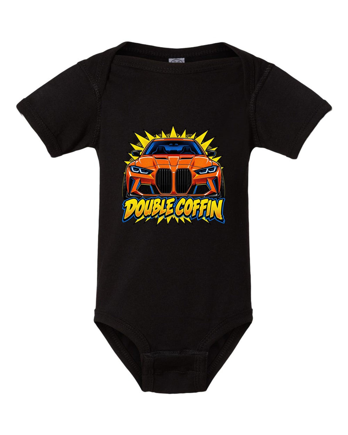 BMW G80 M3 head-on comic halftone pop art print with Double Coffin text black baby onesie front view with the design