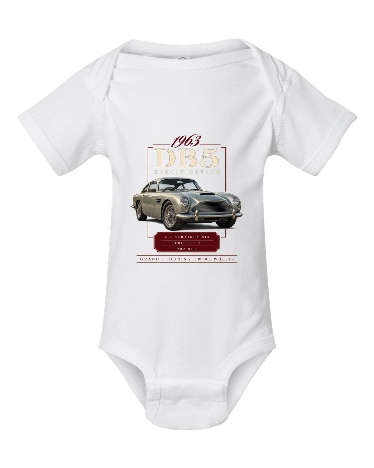 Aston Martin DB5 wire wheel archive specification panel white baby onesie front view with the design