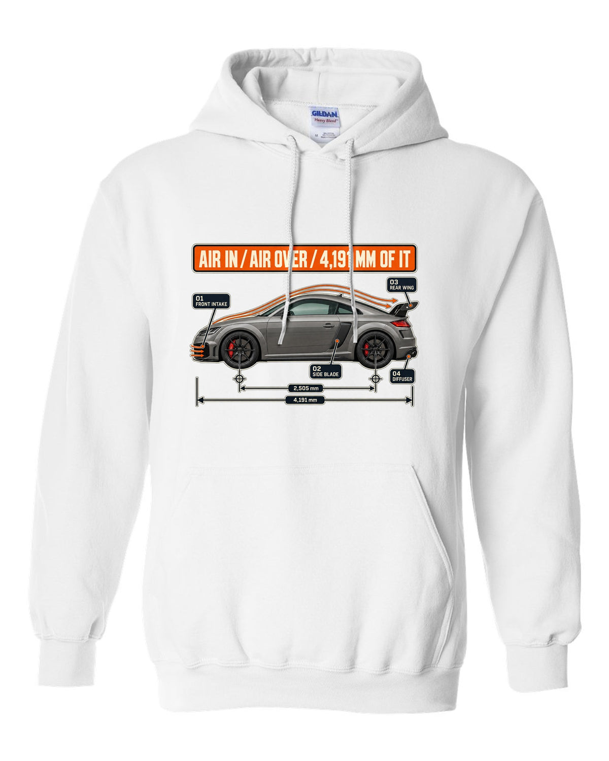 Audi TT RS facelift aero cutaway diagram with airflow callouts print white pull over hoodie front view with the design