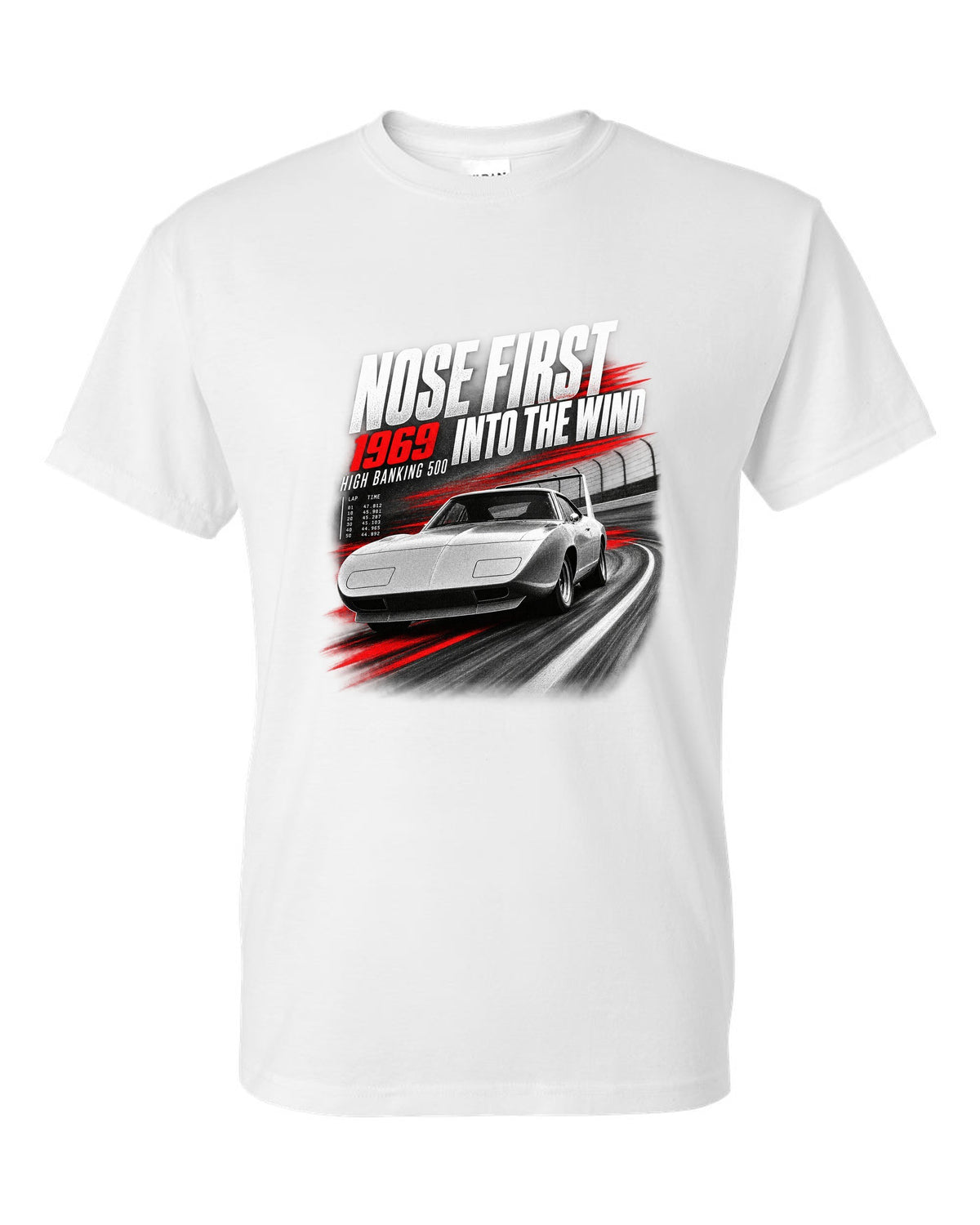1969 Dodge Charger Daytona race poster print with nose first into the wind lettering white t-shirt front view with the design