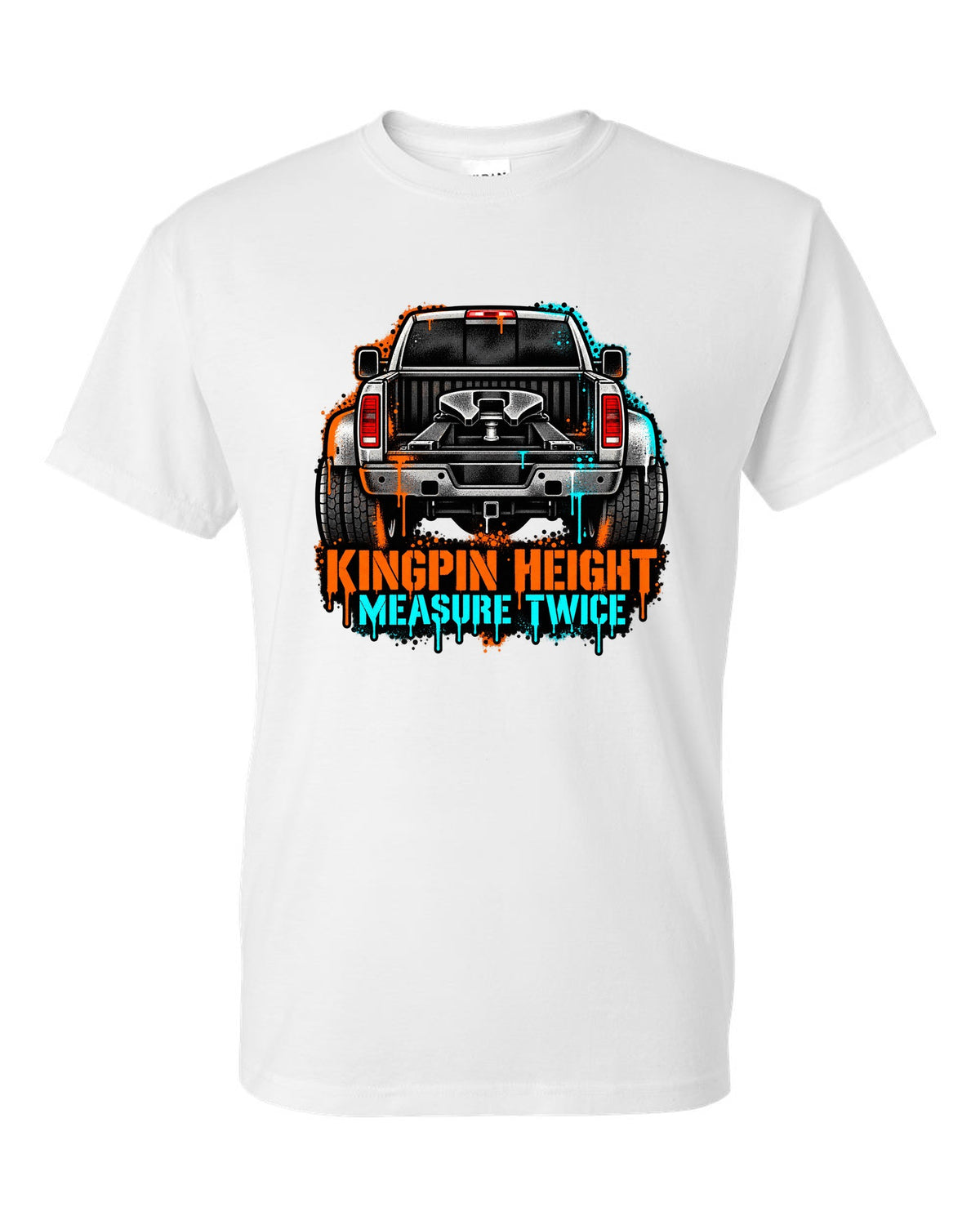Stencil spray-art print of a 2010-2018 Ram 3500 6.7 Cummins rear with fifth wheel and kingpin height text white t-shirt front view with the design