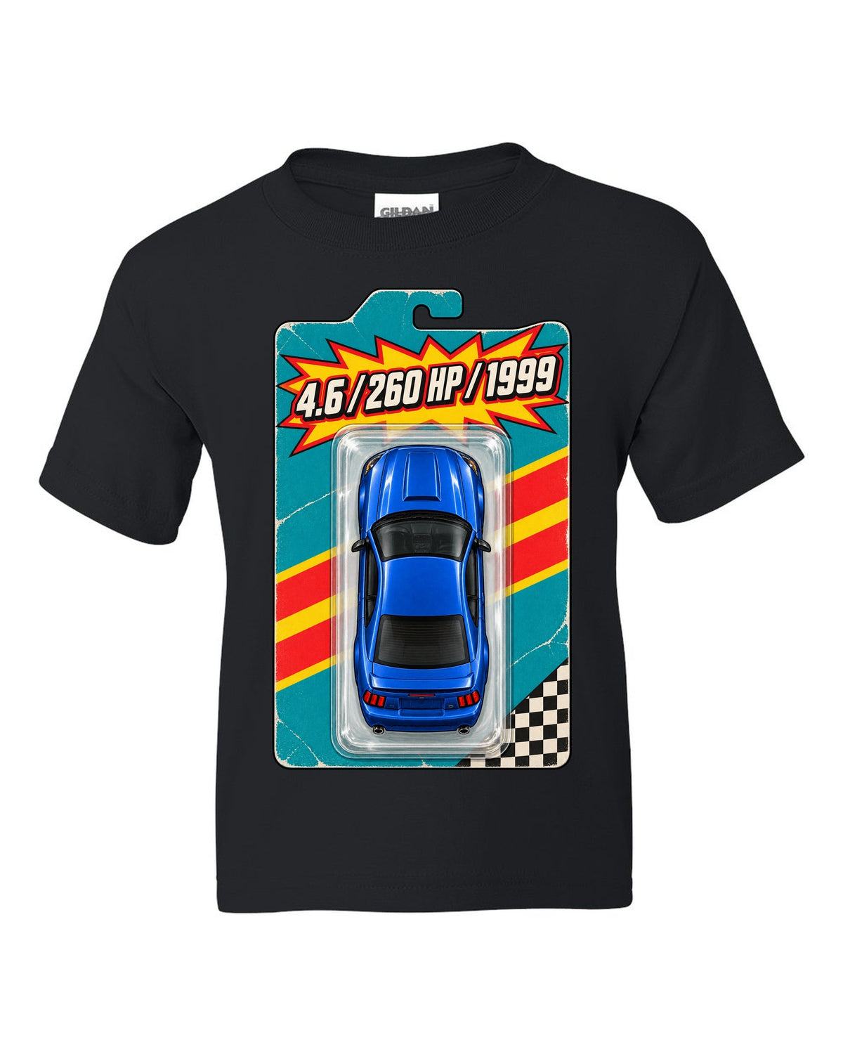 Toy blister card layout of a 1999-2004 New Edge Ford Mustang coupe with 4.6 260 HP text black kids tee front view with the design