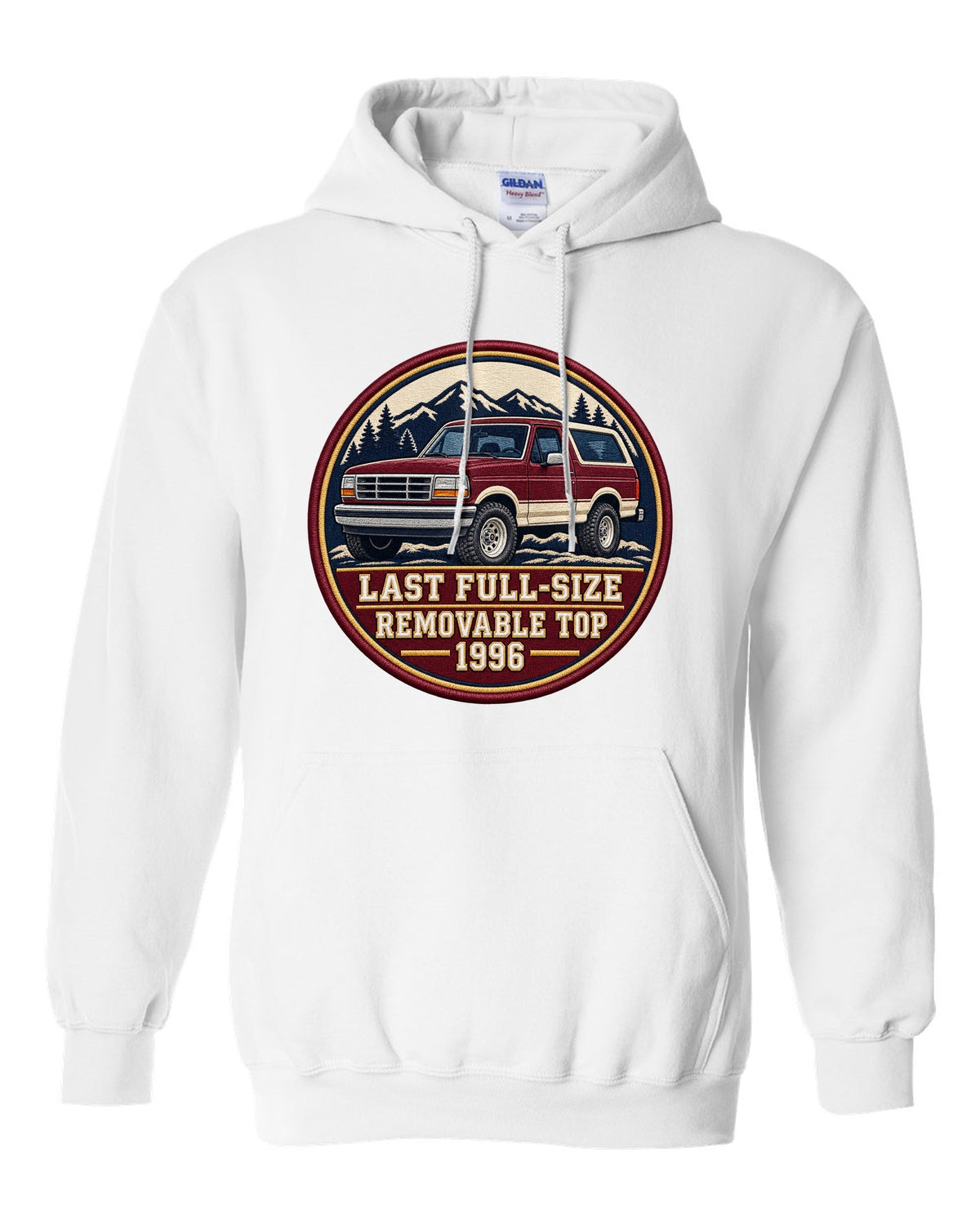 Round varsity crest print for a 1992-96 Ford Bronco OBS with removable top text white pull over hoodie front view with the design