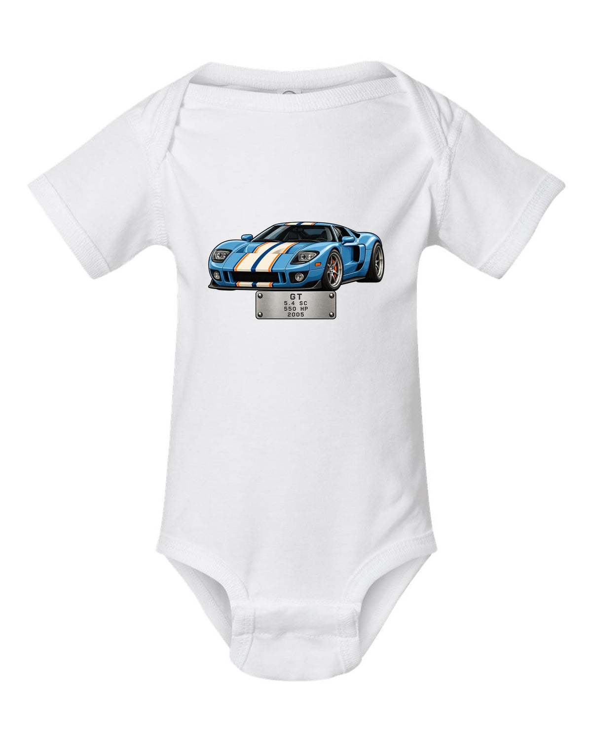 Spec-sheet data plate print for the 2005 Ford GT showing 5.4 SC, 550 HP white baby onesie front view with the design