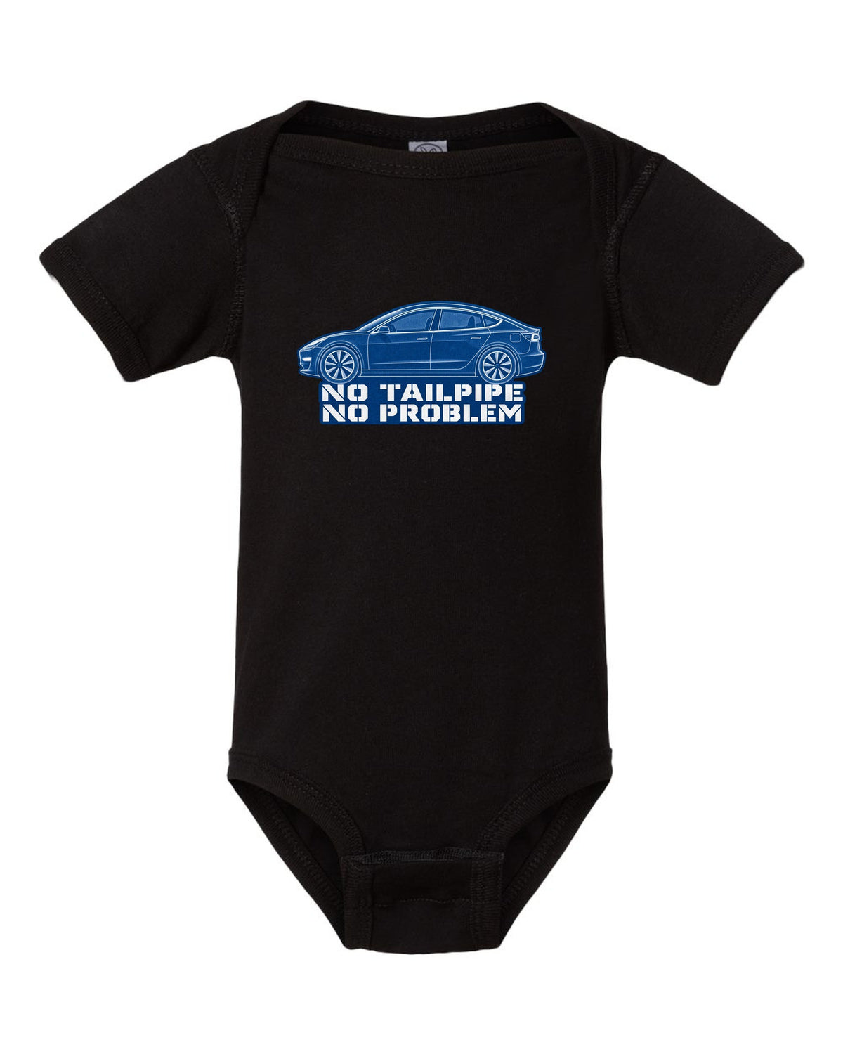 Cyanotype negative blueprint of a 2017-2023 Tesla Model 3 with the words No Tailpipe No Problem black baby onesie front view with the design