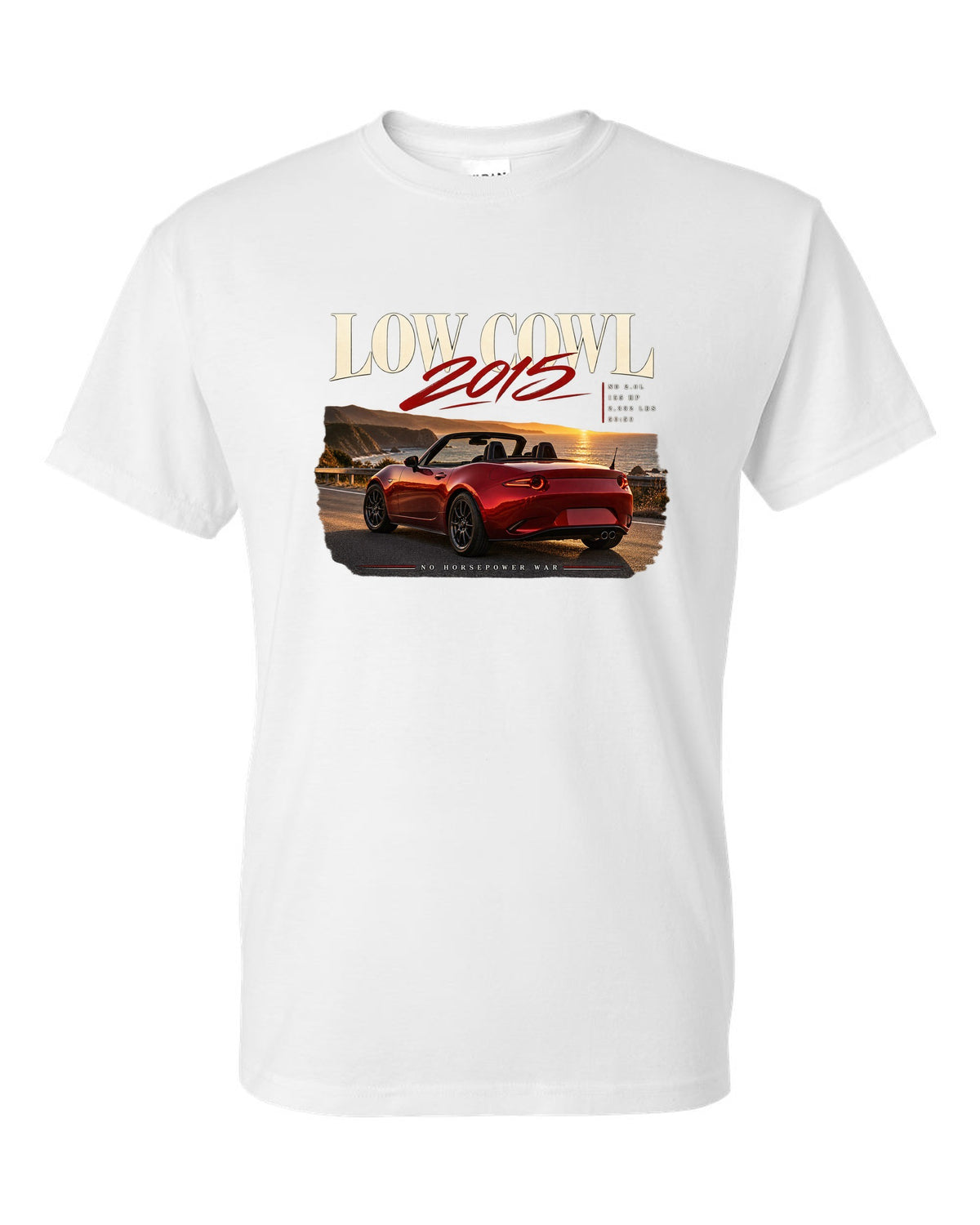Editorial headline print of a red Mazda MX-5 ND roadster with low cowl text white t-shirt front view with the design