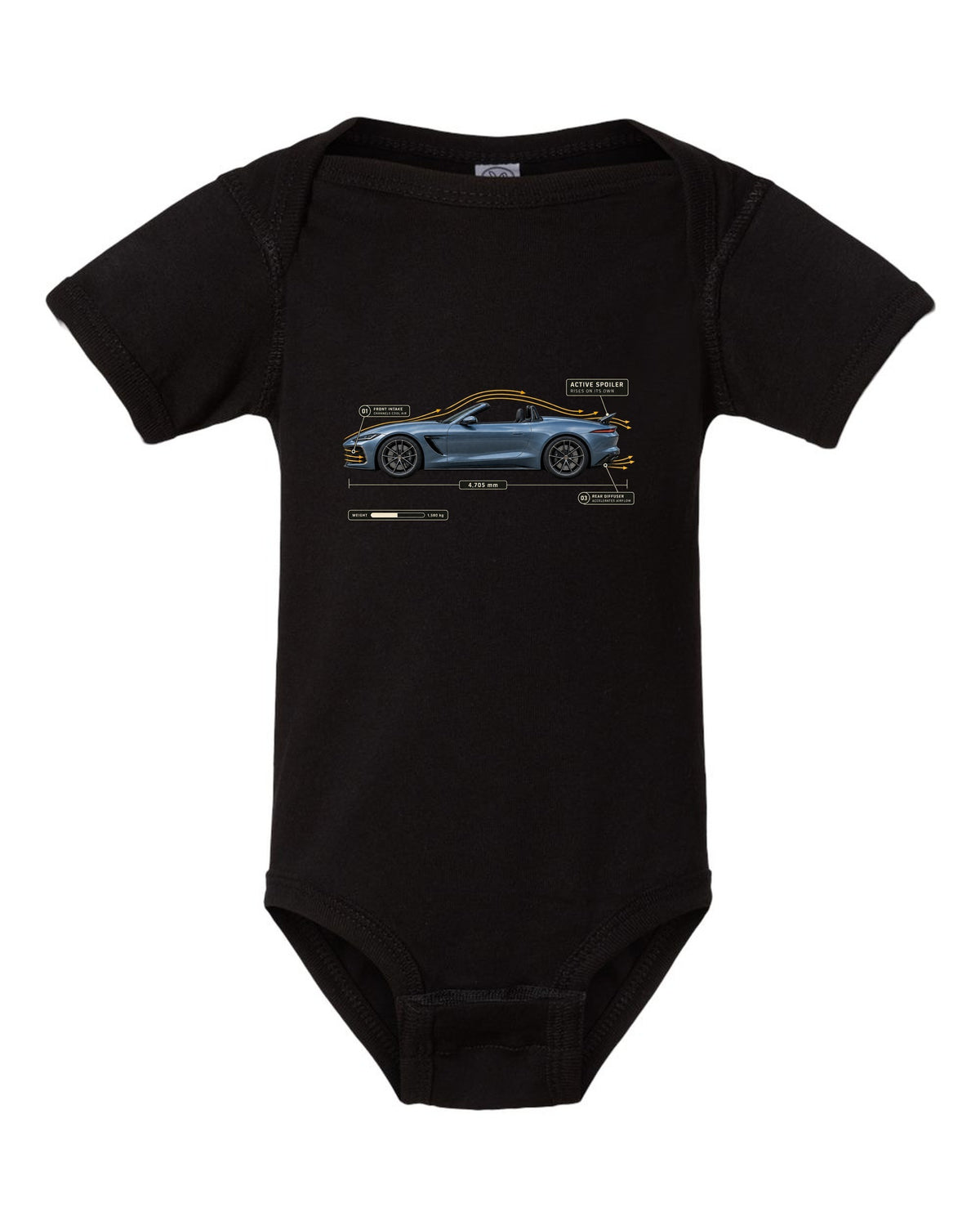 SL63 R232 Active Spoiler Aero Callout black baby onesie front view with the design