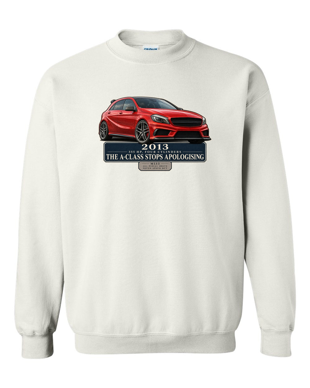 Mercedes-AMG A45 W176 chback editorial headline print white crewneck front view with the design
