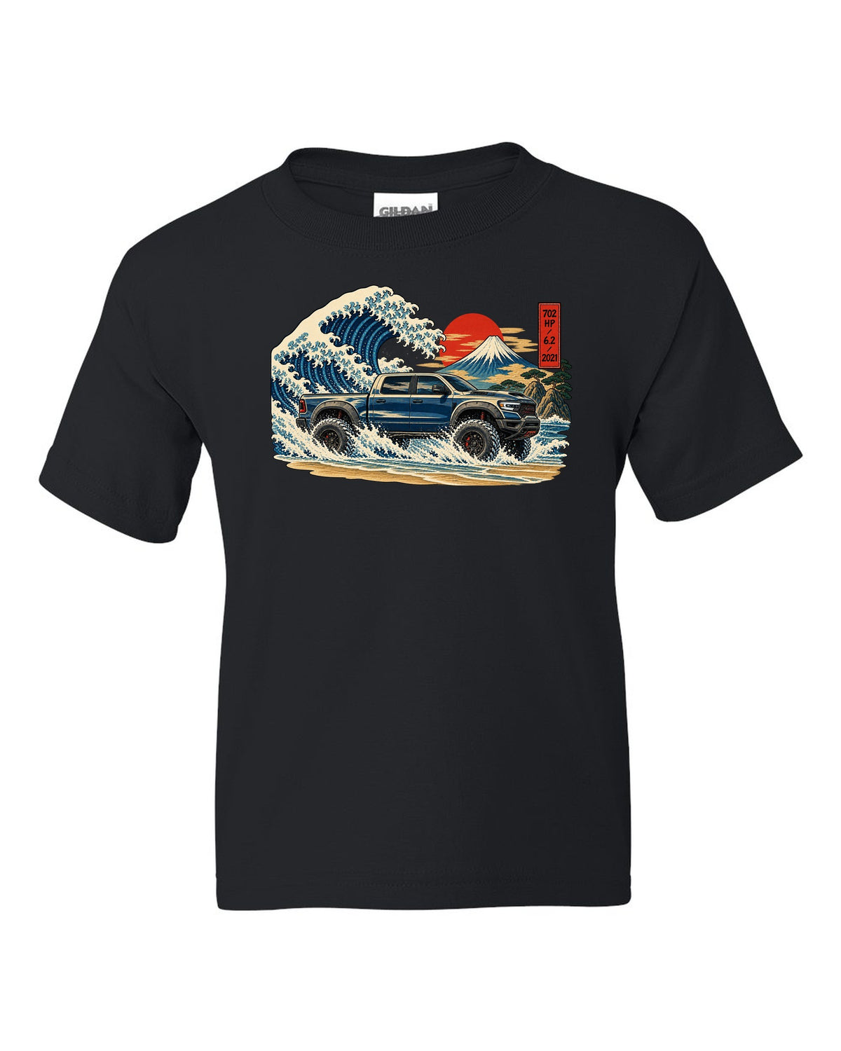 Ukiyo-e great wave woodblock print of a 2021-2024 Ram 1500 TRX with 702 HP 6.2 2021 text black kids tee front view with the design