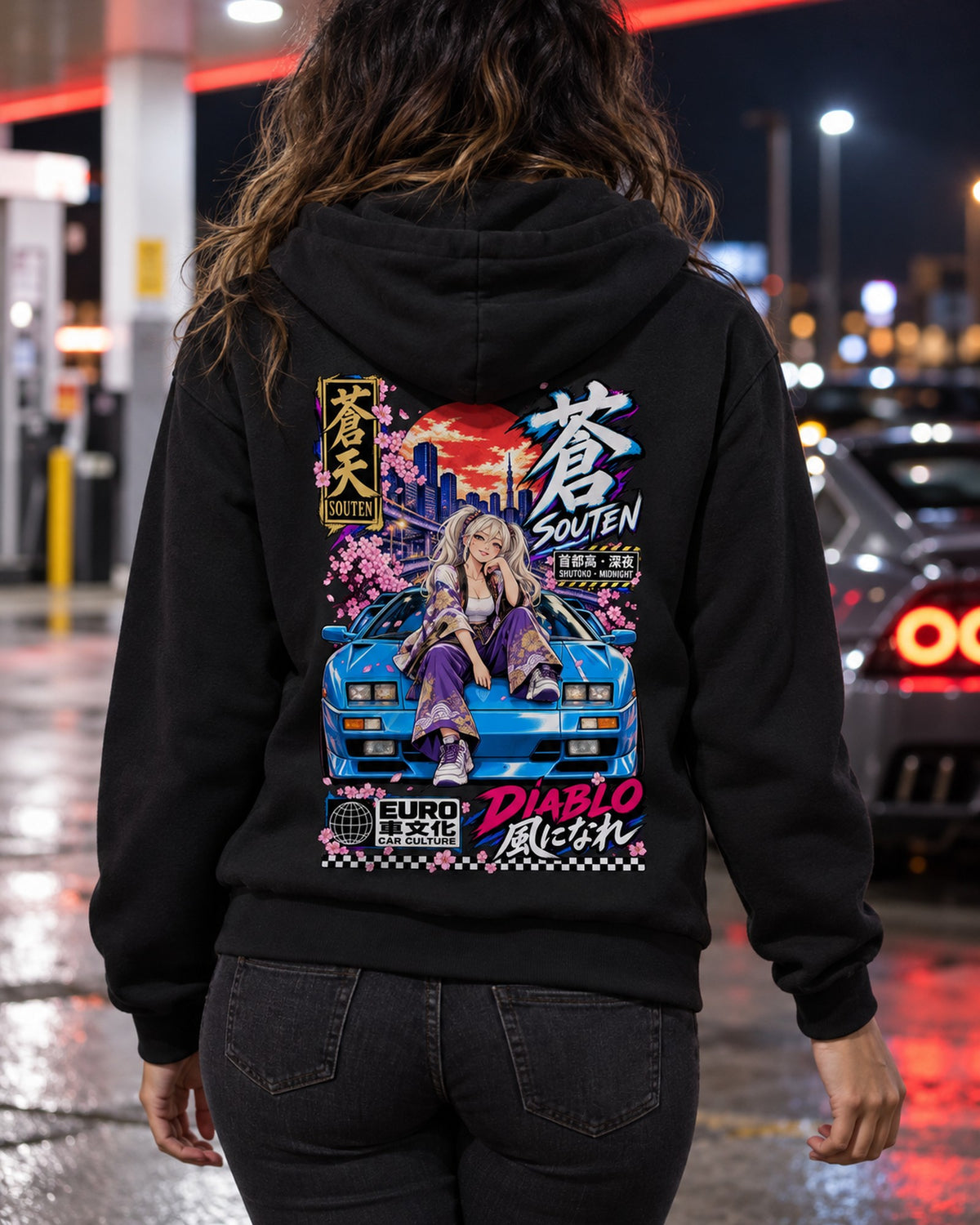 SOUTEN DIABLO Anime Girl Full-Back Graphic Tee Zip Hoodie Black worn hero