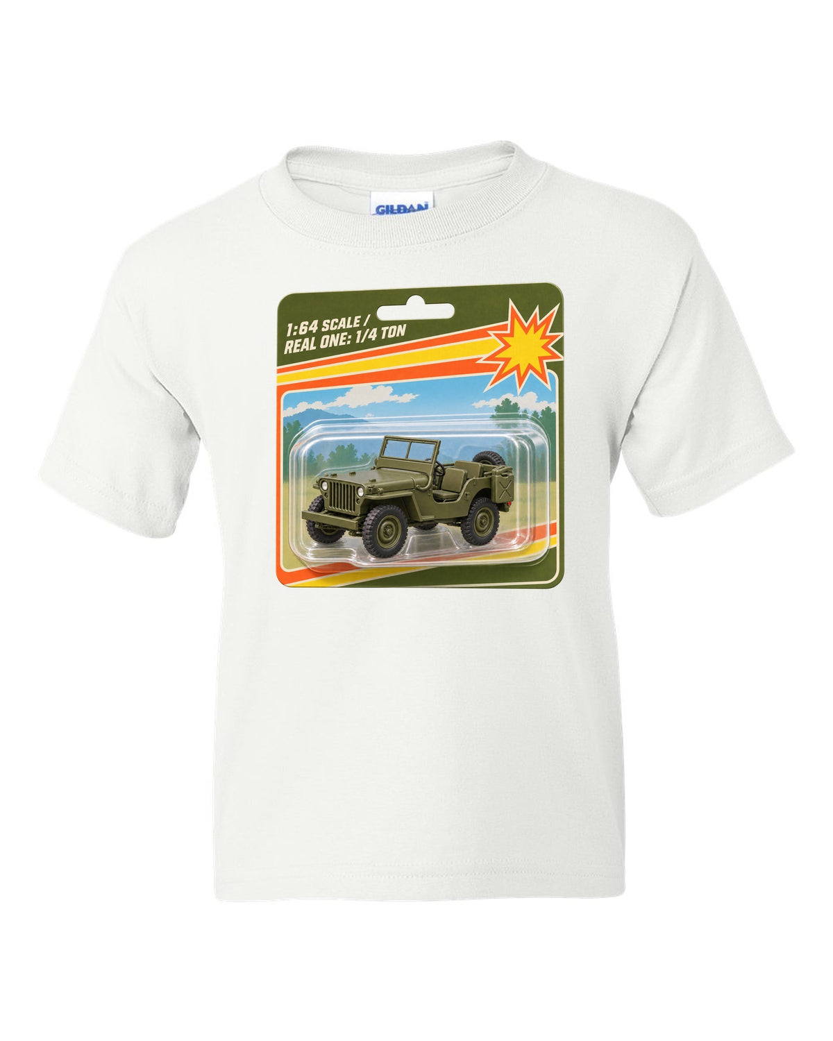 Toy blister card style print of a Willys MB with 1:64 scale text white kids tee front view with the design