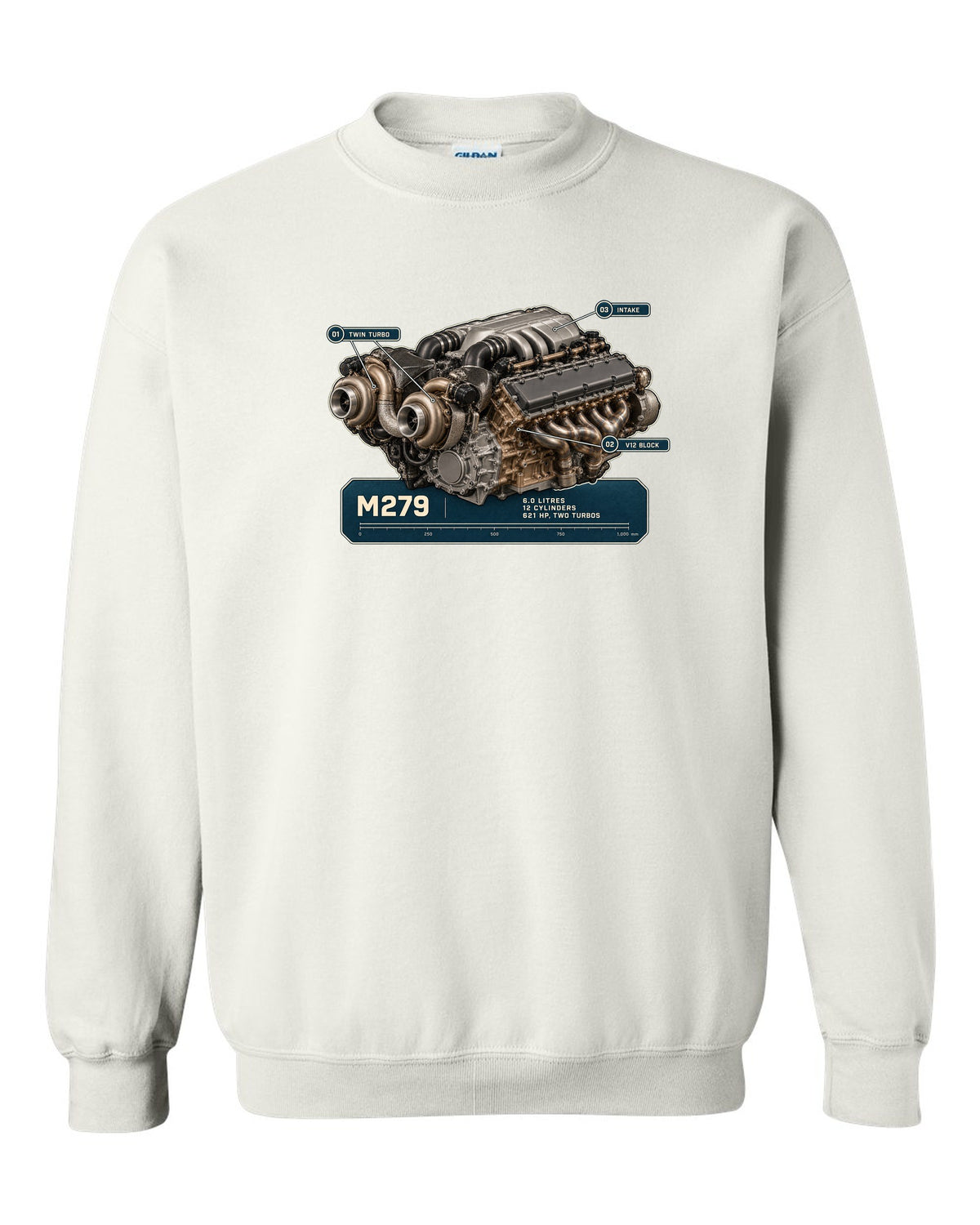 Mercedes-Maybach S680 M279 6.0 litre V12 biturbo engine hero print white crewneck front view with the design