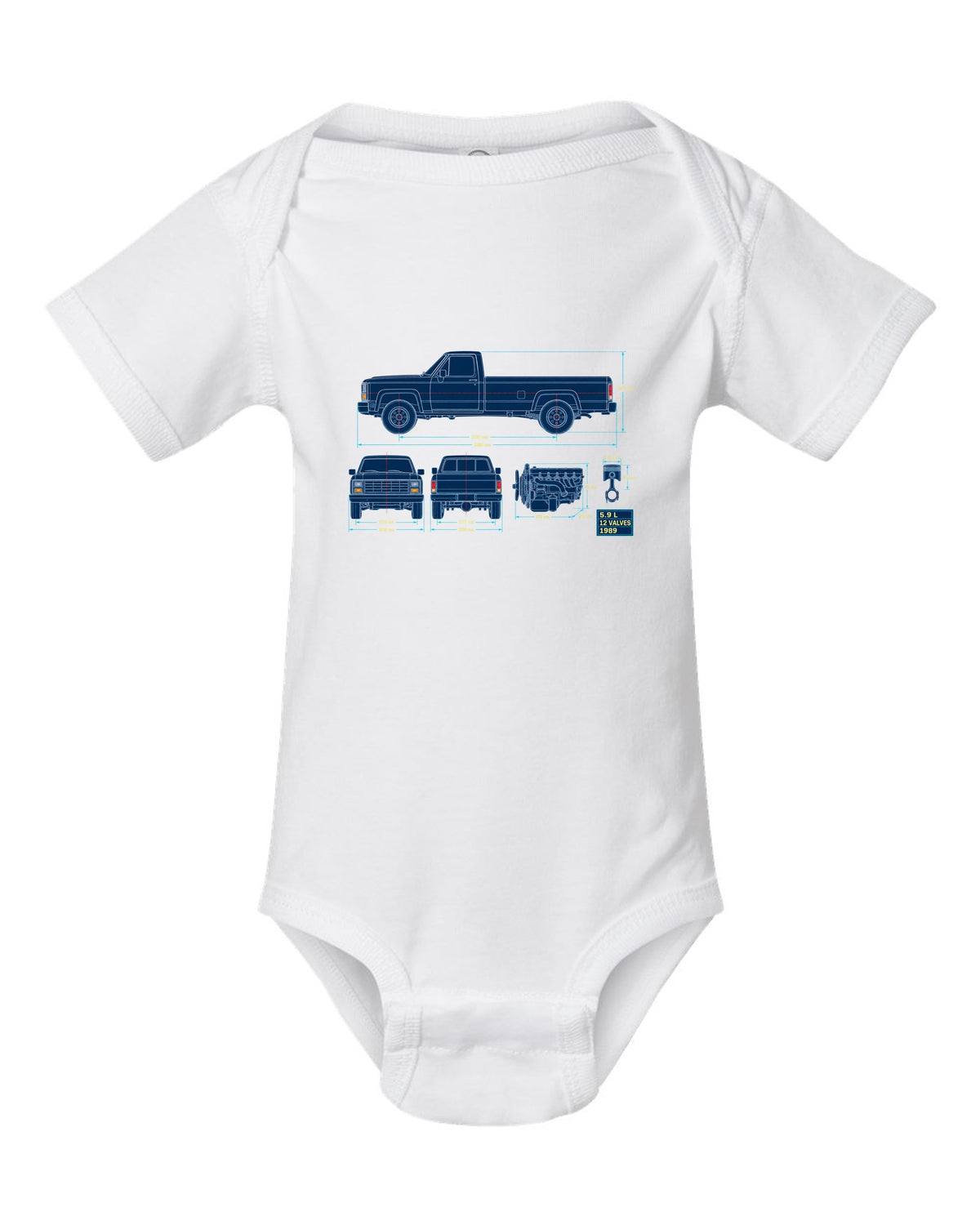 Blueprint line art print of a 1989-1993 Dodge Ram D250 Cummins with 5.9 L and 12 valves white baby onesie front view with the design