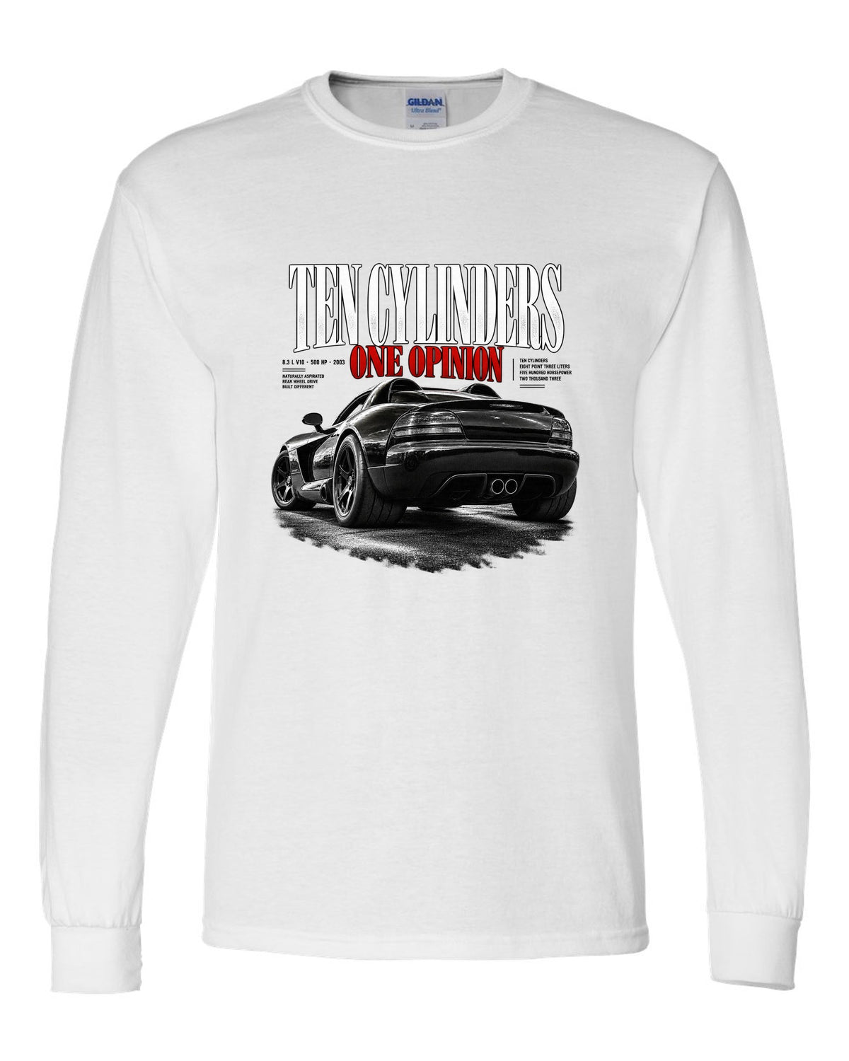 2003 Dodge Viper SRT-10 ZB I rear three-quarter editorial headline print white long sleeve front view with the design