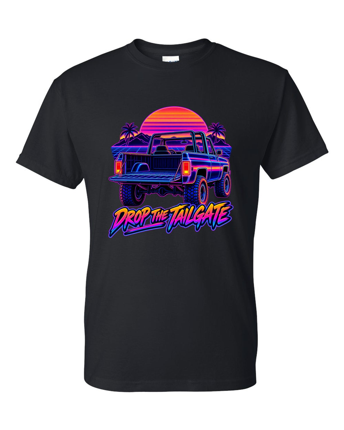 Neon synthwave line art of a 1973-1991 Chevrolet K5 Blazer tailgate with DROP THE TAILGATE text black t-shirt front view with the design