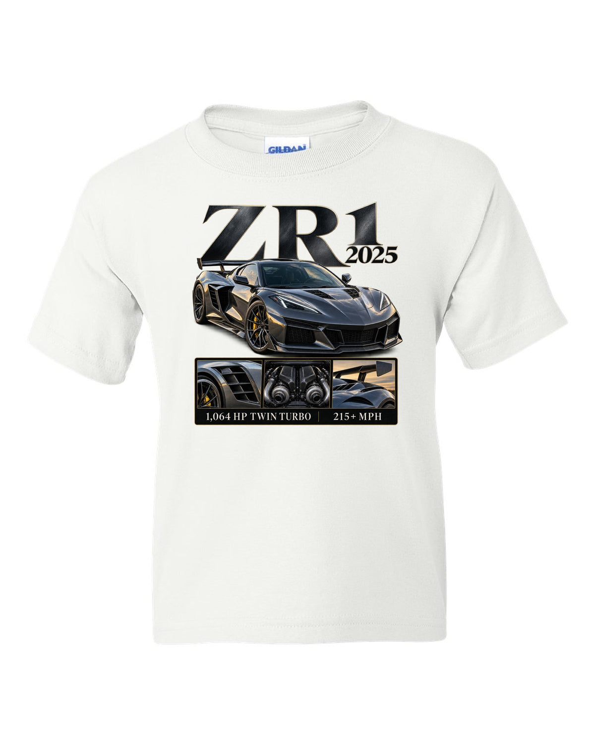Corvette C8 ZR1 2025 with large fender vents, archive panel white kids tee front view with the design