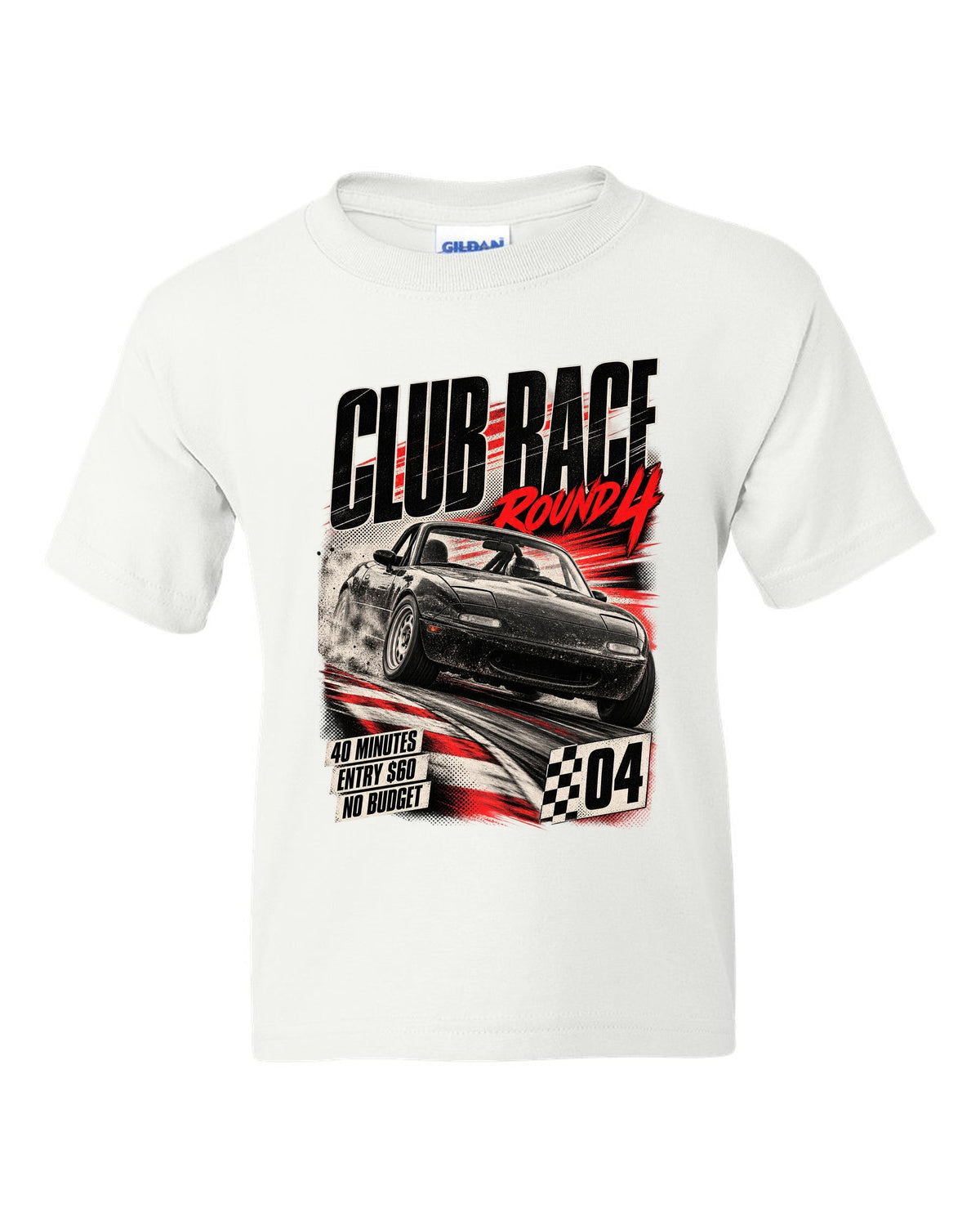 Race poster print for the Mazda MX-5 NA 1989-97 reading club race round 4, 40 minutes, entry $60 white kids tee front view with the design