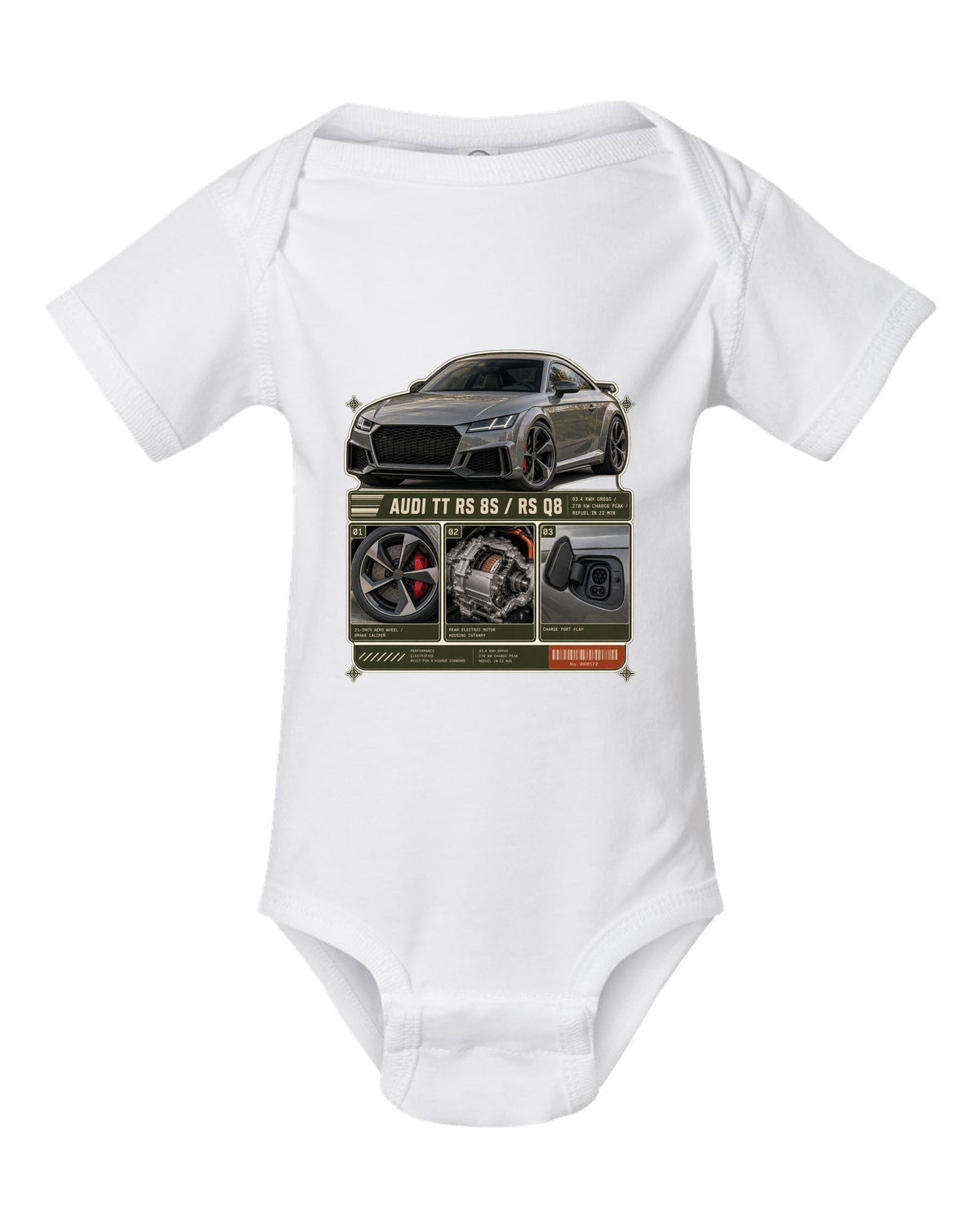 Audi RS e-tron GT dossier panels with wheel, motor and charge port print design white baby onesie front view with the design