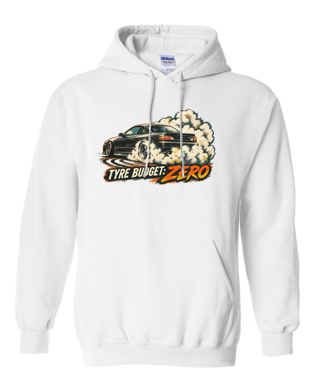 Distressed screenprint print of a 1999 Nissan Silvia S15 with Tyre Budget Zero lettering white pull over hoodie front view with the design