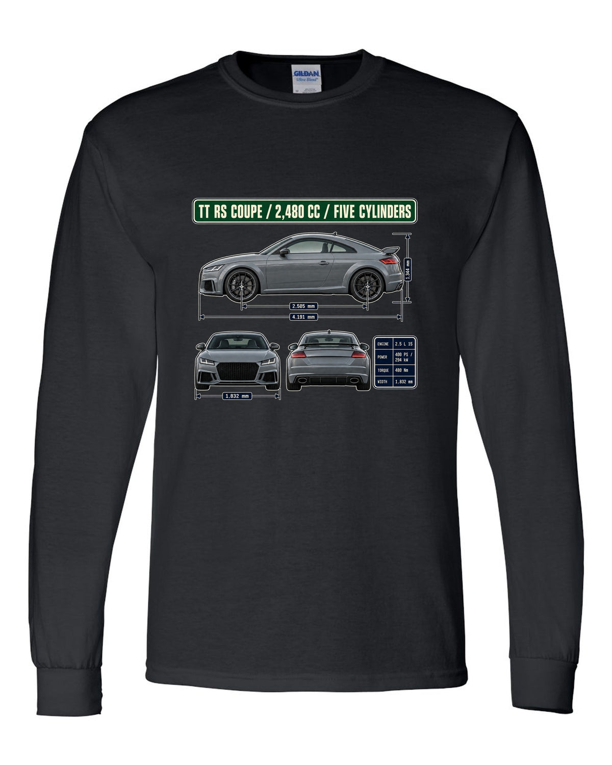 Audi TT RS 8S coupe dimension blueprint print with five-cylinder engine size black long sleeve front view with the design