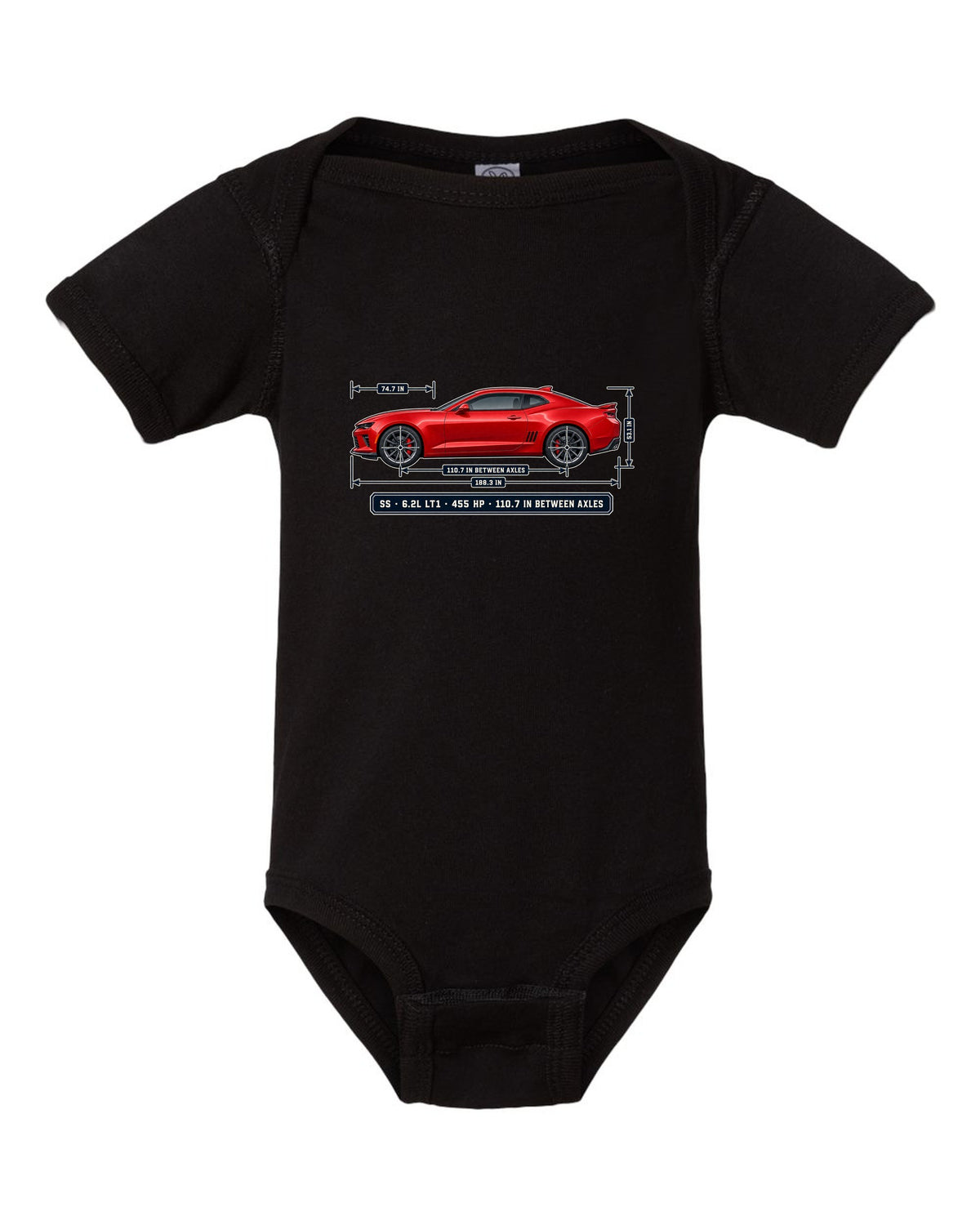 Dimension blueprint print of a 6th generation Chevrolet Camaro SS coupe black baby onesie front view with the design