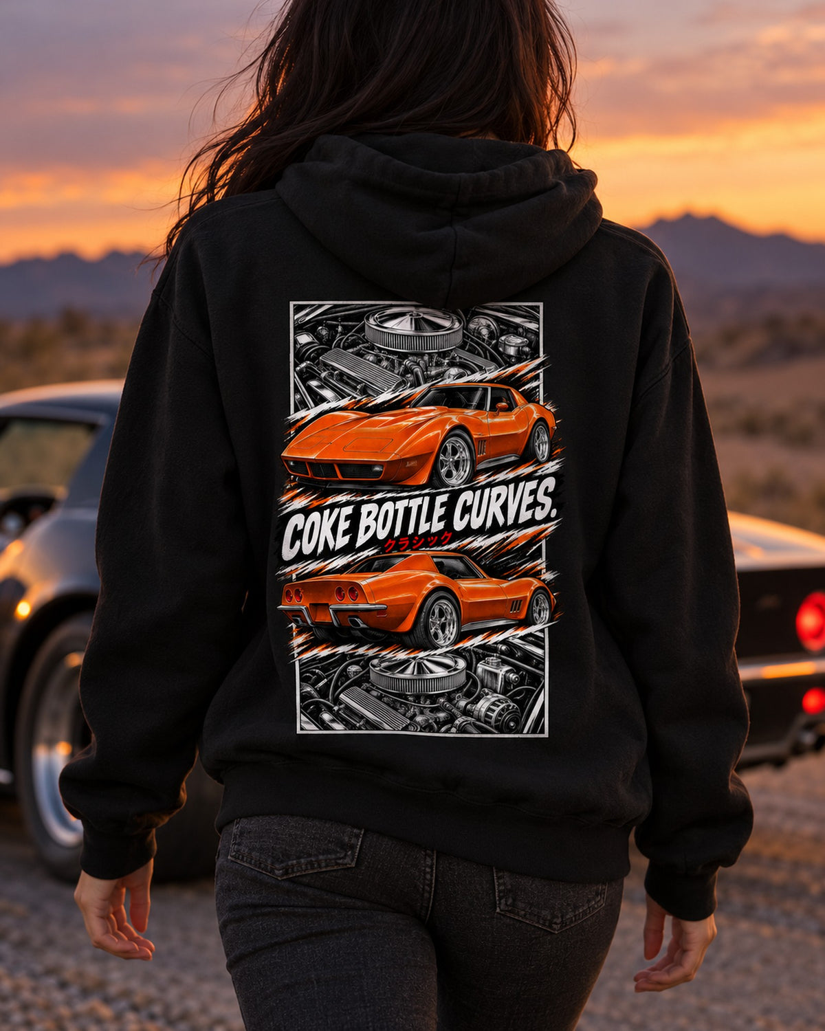 Corvette C3 Torn Poster Full-Back Graphic Tee Pull Over Hoodie Black worn hero