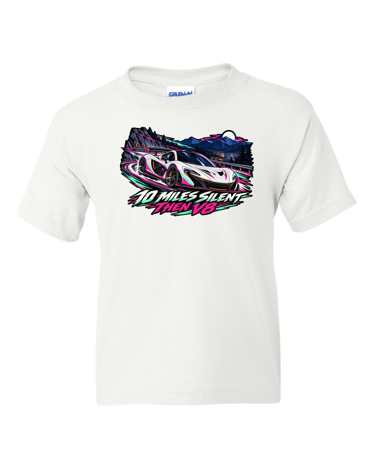 Cel-shaded anime night touge print of a McLaren P1 with 10 Miles Silent Then V8 lettering white kids tee front view with the design